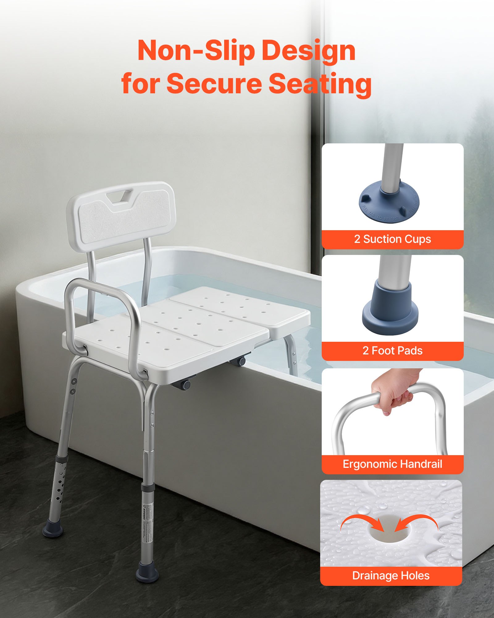 VEVOR Tub Transfer Bench for Bathtub, 180 kg Capacity Heavy Duty Shower Chair with Arm, Backrest and Curtain Slot, Height Adjustable Shower Bench Bath Seat for Adults, Seniors, Elderly and Disabled