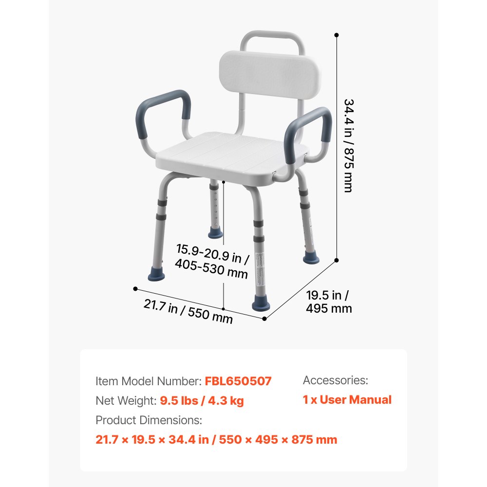 VEVOR Swivel Shower Chair with Arms and Back, 180 kg Load Heavy Duty Bench Seat for Inside Shower Stall and Bathtub, Height Adjustable Bathroom Bath Tub Seat for Adults, Seniors, Elderly and Disabled