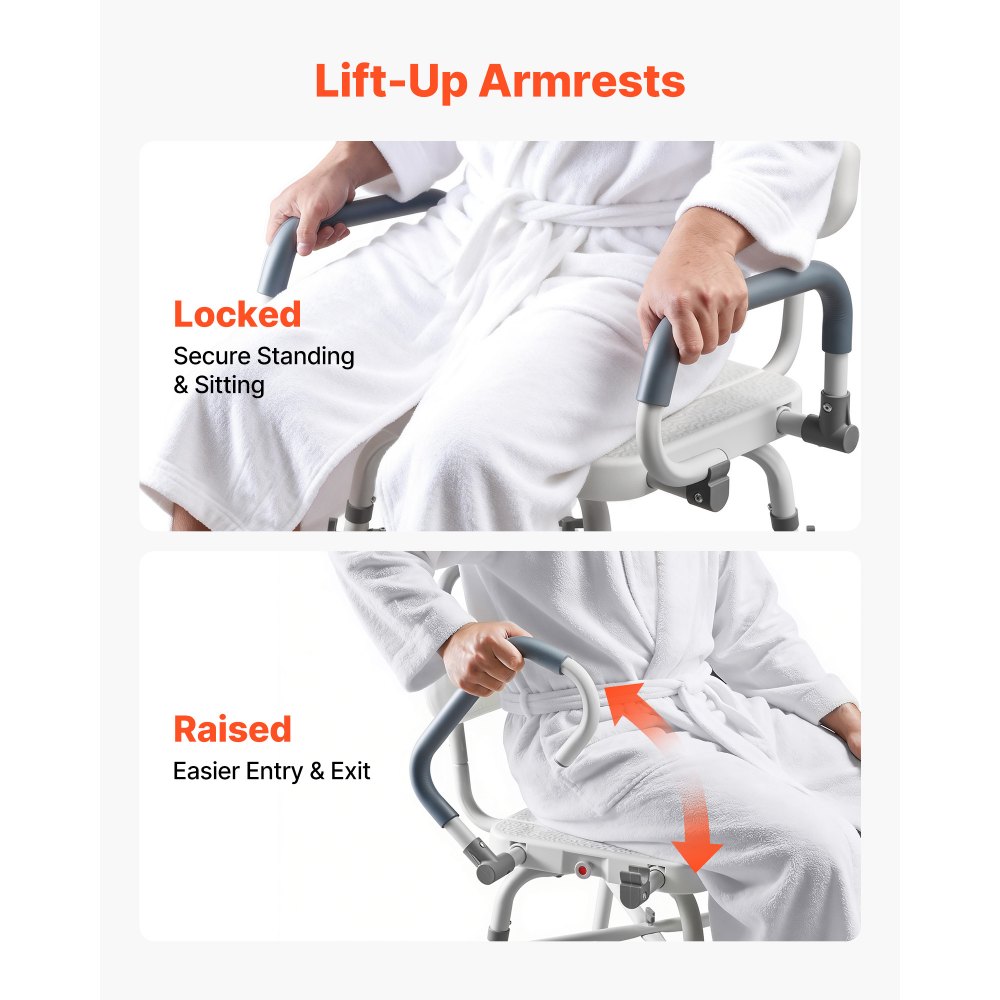 VEVOR Swivel Shower Chair with Arms and Back, 227 kg Load Heavy Duty Bench Seat for Inside Shower Stall and Bathtub, Height Adjustable Bathroom Bath Tub Seat for Adults, Seniors, Elderly and Disabled