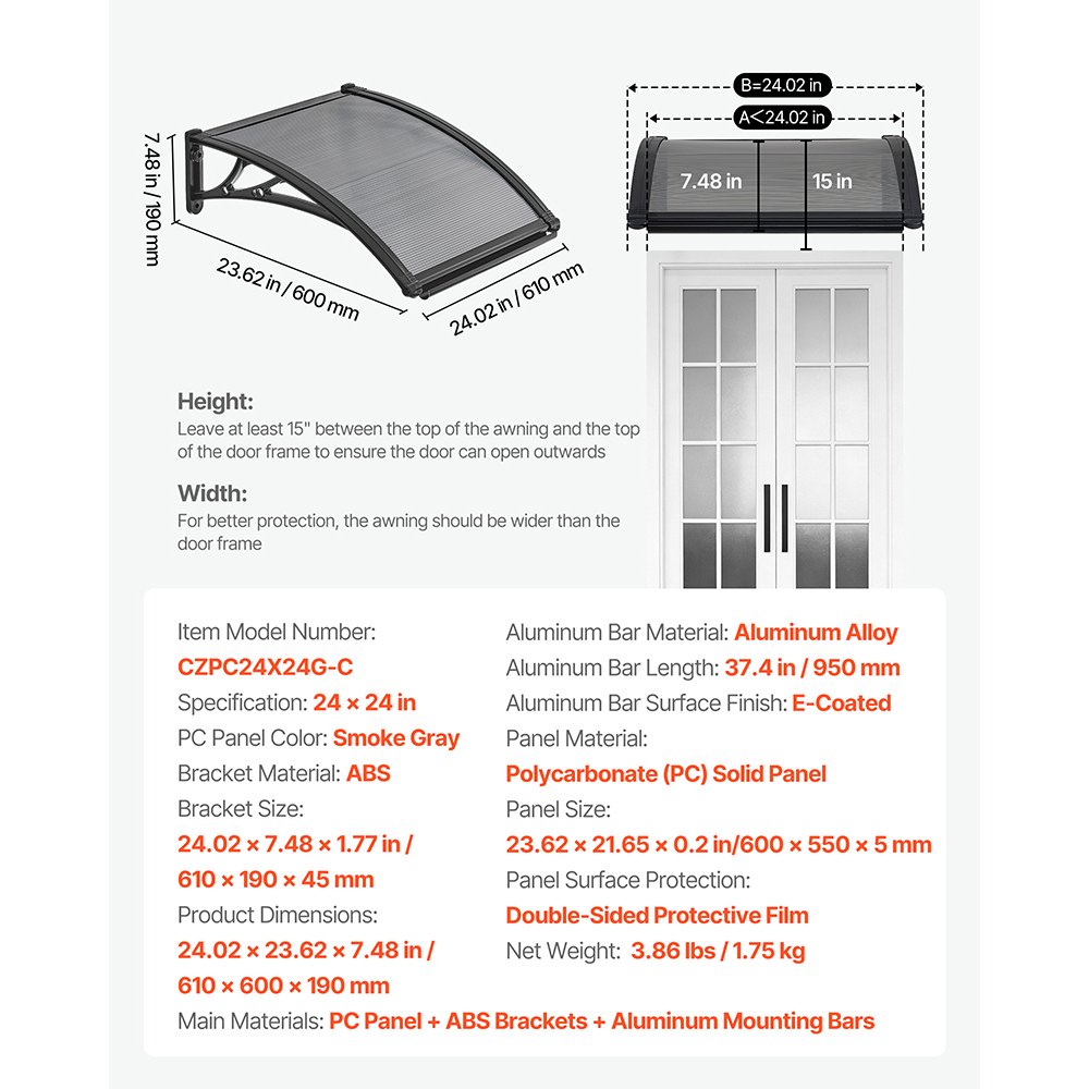 VEVOR Awnings for Door Entrance, 24 x 24 in, Exterior Front Door Window Awnings with Drainage & ABS Bracket, Rain Snow Sun Protection, Overhang Polycarbonate Door Canopy for Porch Patio, Smoky Gray