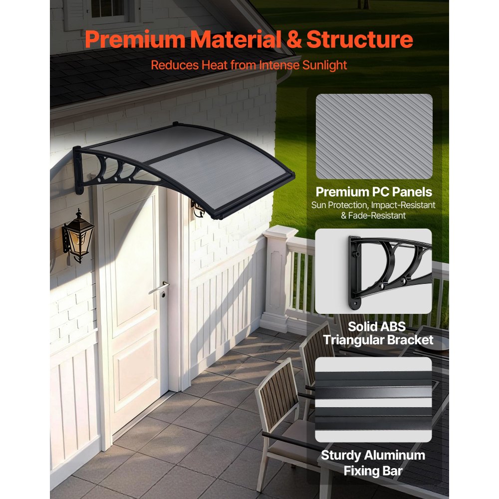 VEVOR Vordach für Haustür 755x1000 mm, Pultbogenvordach, Überdachung mit Entwässerung & ABS-Halterung, Regen-, Schnee- & Sonnenschutz, Polycarbonat-Türdach für Veranda & Terrasse, Rauchgrau