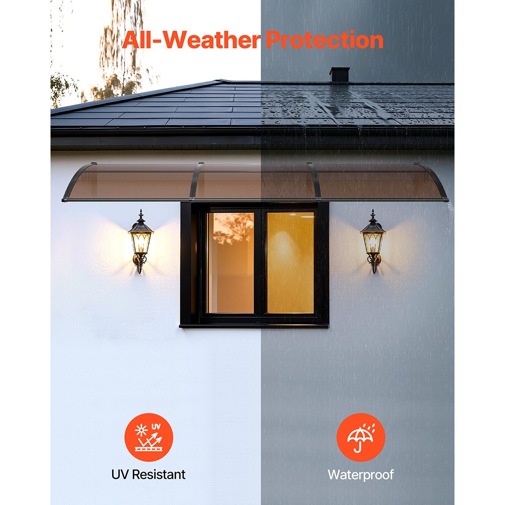 VEVOR Vordach für Haustür 965x2975 mm, Pultbogenvordach, Pultvordach mit Entwässerung & ABS-Halterung, Regen-, Schnee- & Sonnenschutz, Polycarbonat-Türüberdachung für Veranda & Terrasse, Braun