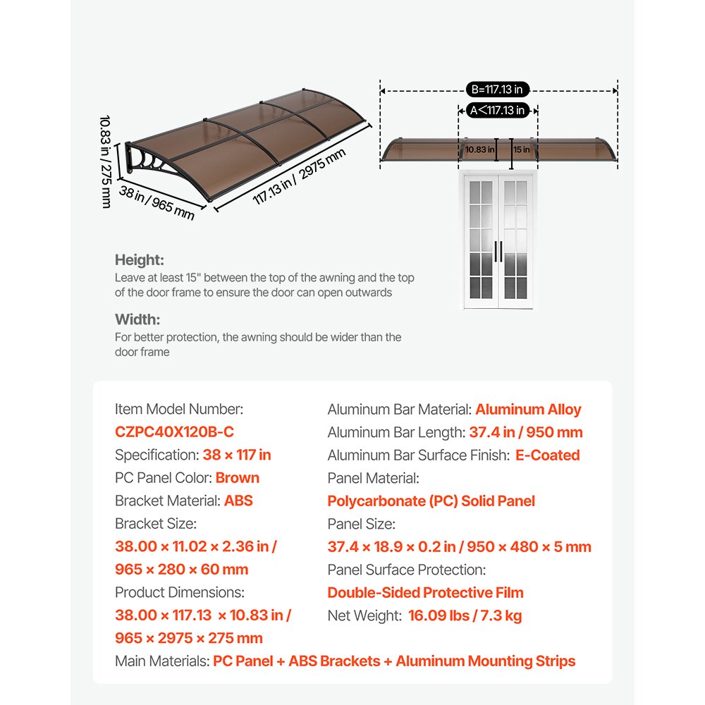 VEVOR Vordach für Haustür 965x2975 mm, Pultbogenvordach, Pultvordach mit Entwässerung & ABS-Halterung, Regen-, Schnee- & Sonnenschutz, Polycarbonat-Türüberdachung für Veranda & Terrasse, Braun