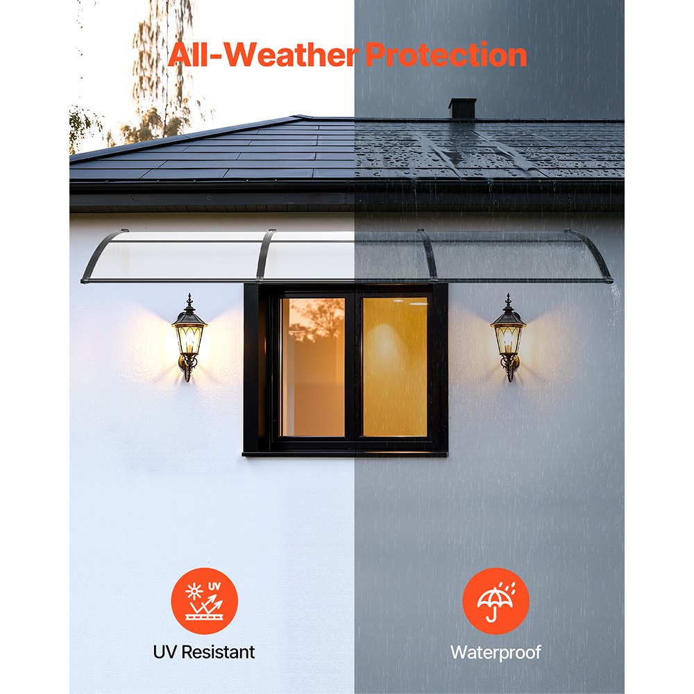 VEVOR Vordach für Haustür 965x2975 mm, Pultbogenvordach, Pultvordach mit Entwässerung & ABS-Halterung, Regen-, Schnee- & Sonnenschutz, Polycarbonat-Überdachung für Veranda & Terrasse, Transparent