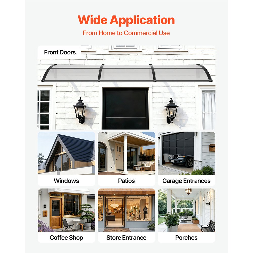 VEVOR Vordach für Haustür 965x2975 mm, Pultbogenvordach, Pultvordach mit Entwässerung & ABS-Halterung, Regen-, Schnee- & Sonnenschutz, Polycarbonat-Überdachung für Veranda & Terrasse, Transparent