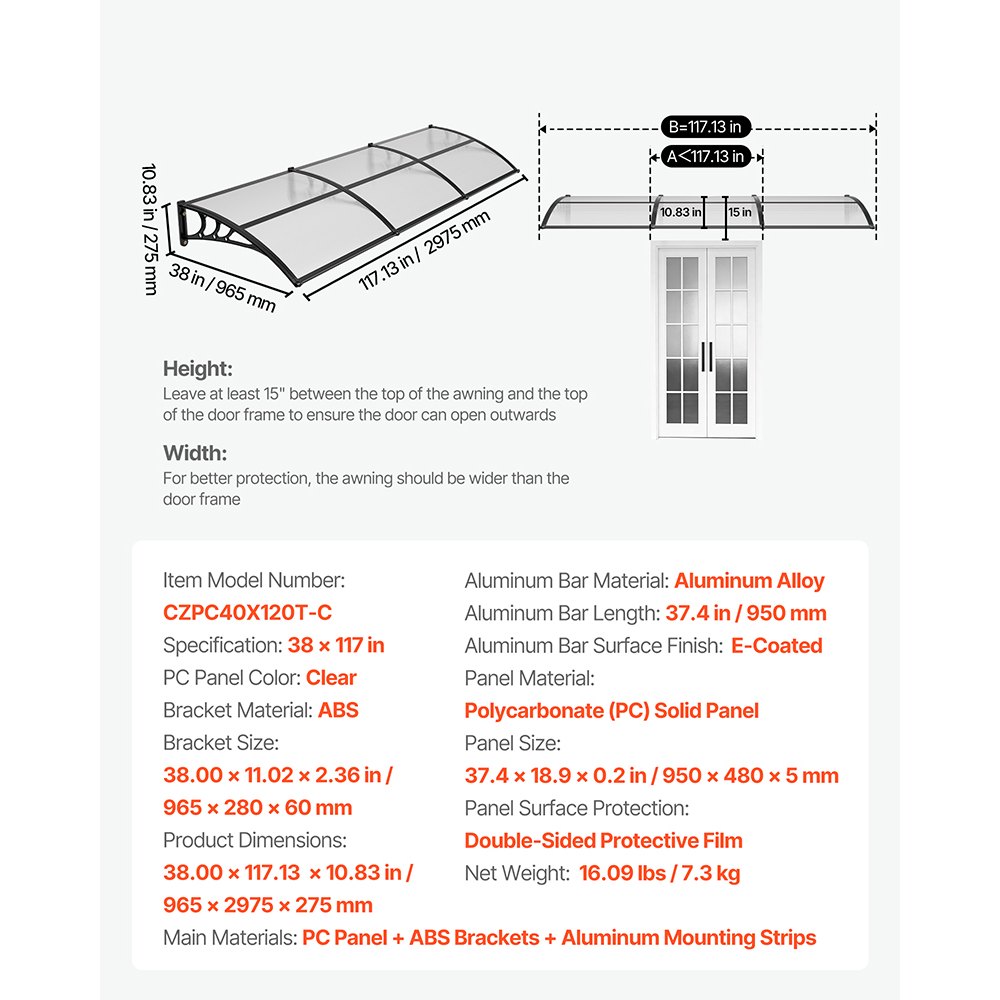 VEVOR Vordach für Haustür 965x2975 mm, Pultbogenvordach, Pultvordach mit Entwässerung & ABS-Halterung, Regen-, Schnee- & Sonnenschutz, Polycarbonat-Überdachung für Veranda & Terrasse, Transparent