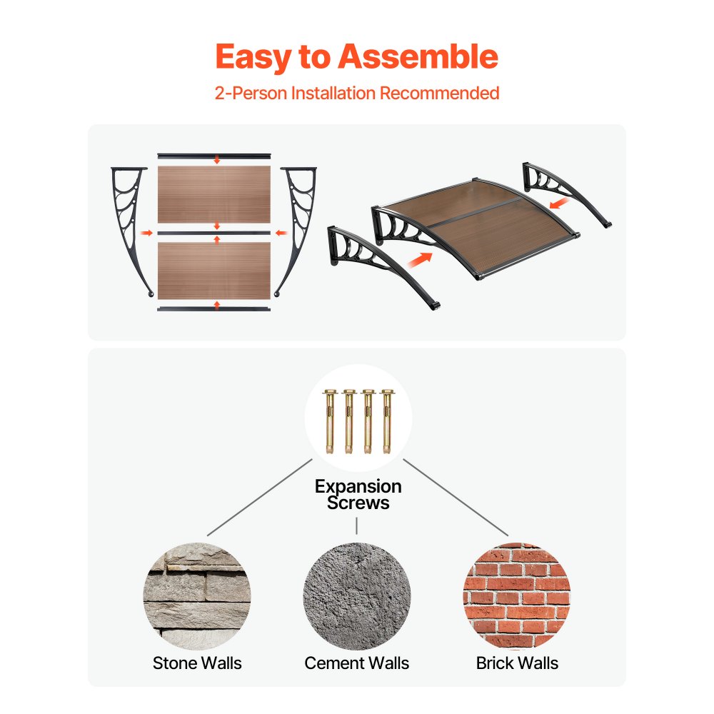 VEVOR Vordach für Haustür 965x1017 mm, Pultbogenvordach, Pultvordach mit Entwässerung & ABS-Halterung, Regen-, Schnee- & Sonnenschutz, Polycarbonat-Türüberdachung für Veranda & Terrasse, Braun