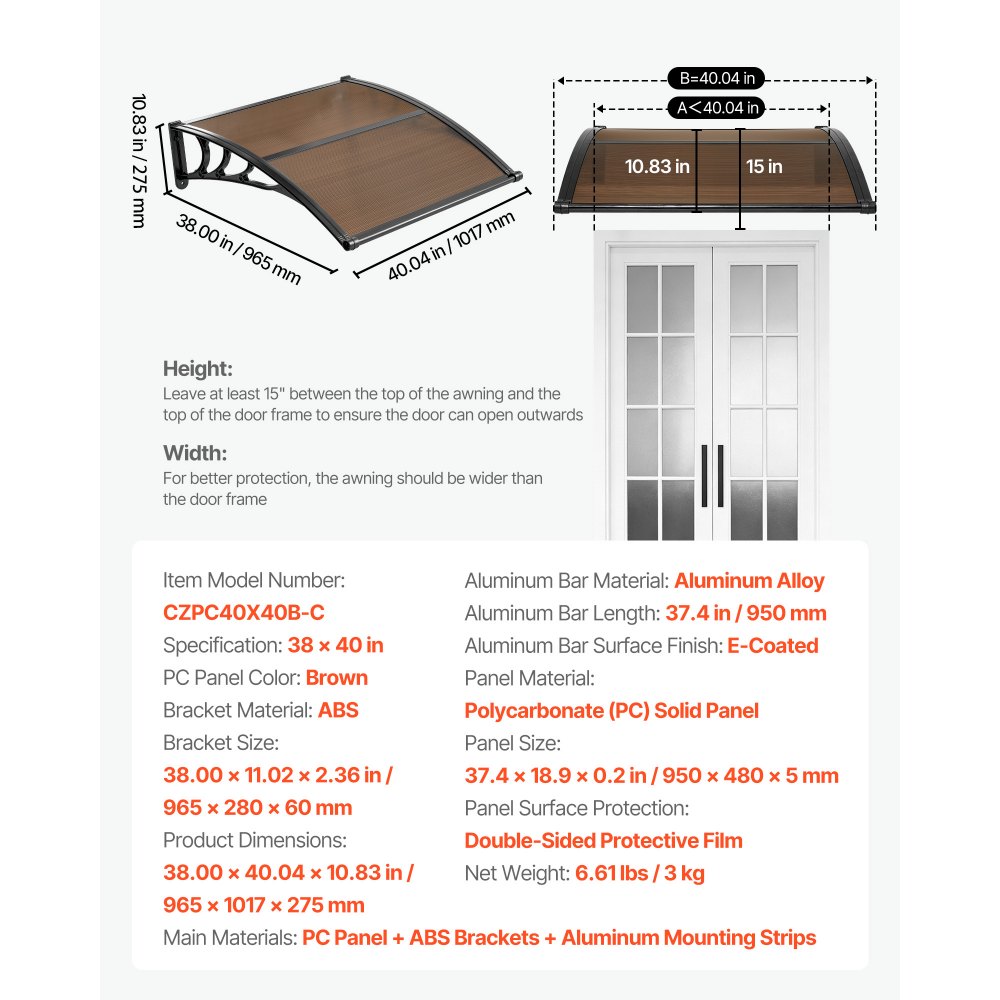 VEVOR Vordach für Haustür 965x1017 mm, Pultbogenvordach, Pultvordach mit Entwässerung & ABS-Halterung, Regen-, Schnee- & Sonnenschutz, Polycarbonat-Türüberdachung für Veranda & Terrasse, Braun