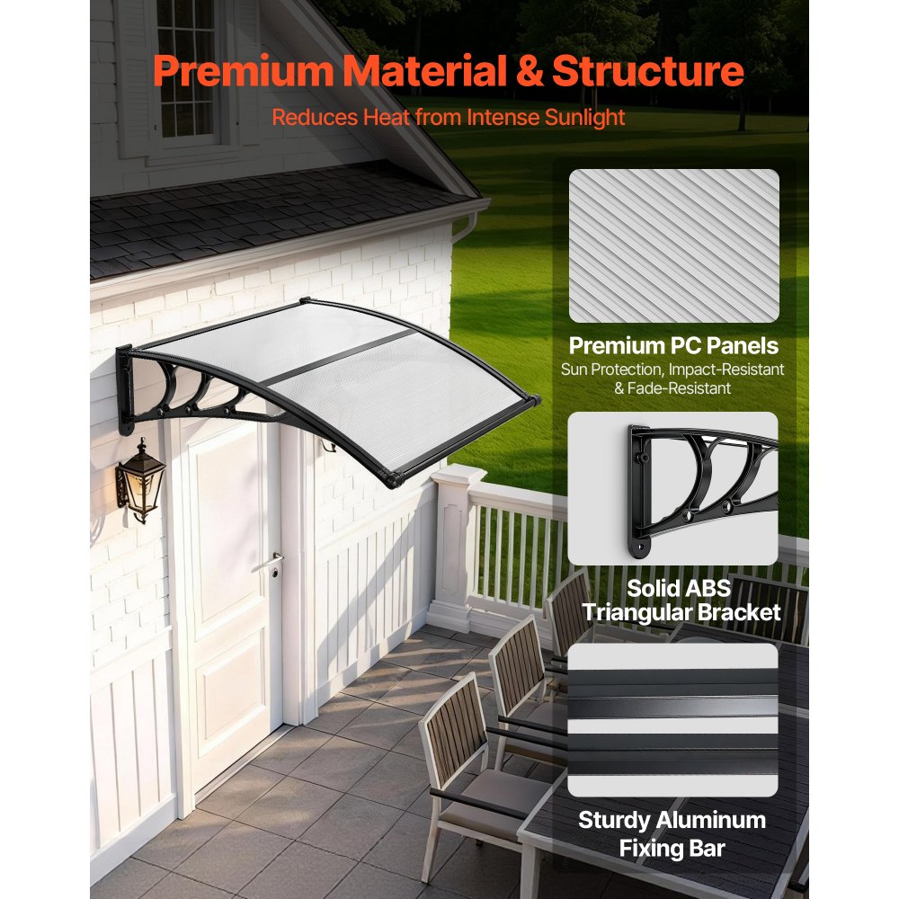 VEVOR Awnings for Door Entrance, 38 x 40 in, Exterior Front Door Window Awnings with Drainage & ABS Bracket, Rain Snow Sun Protection, Overhang Polycarbonate Door Canopy for Porch Patio, Clear