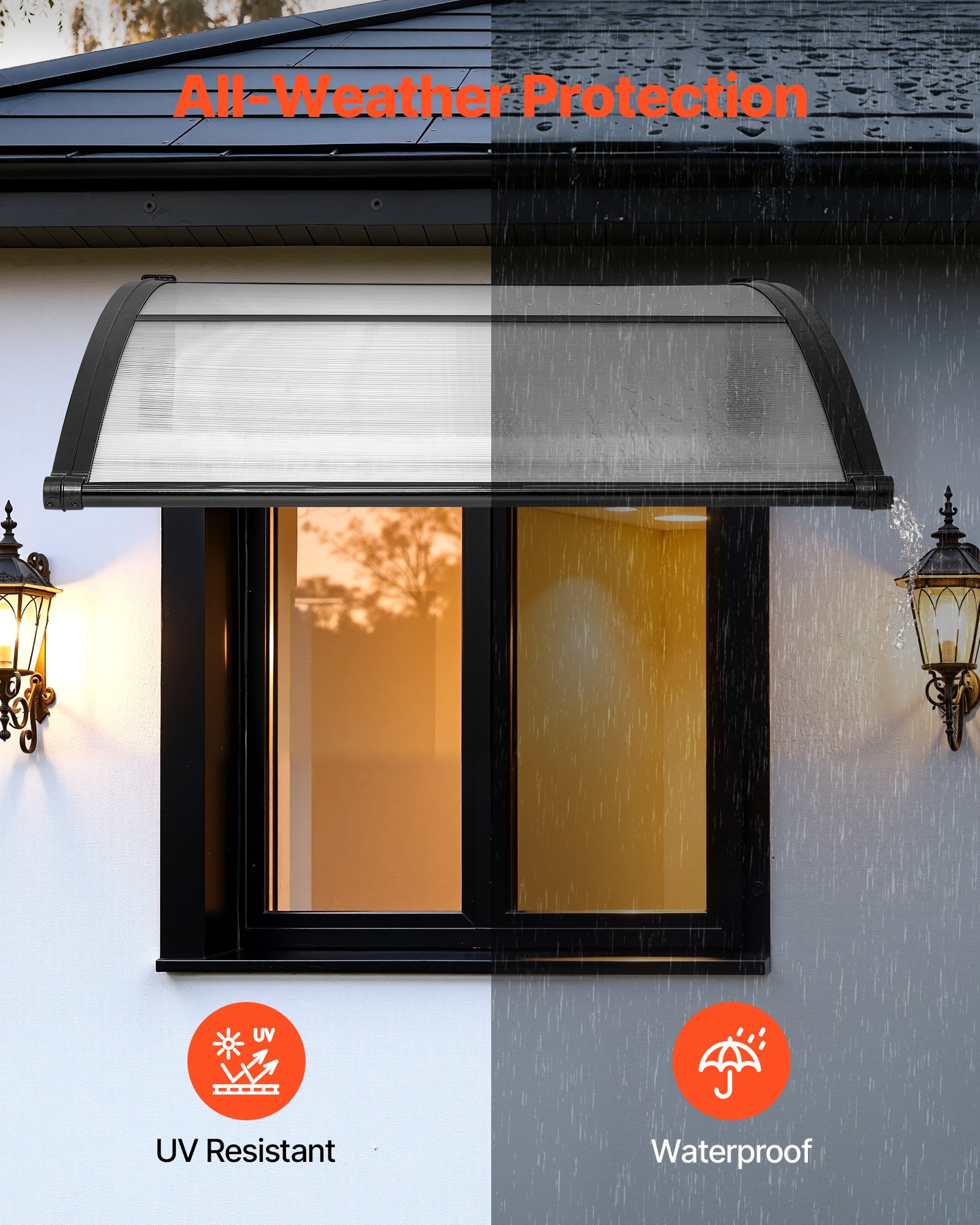 VEVOR Awnings for Door Entrance, 38 x 40 in, Exterior Front Door Window Awnings with Drainage & ABS Bracket, Rain Snow Sun Protection, Overhang Polycarbonate Door Canopy for Porch Patio, Clear