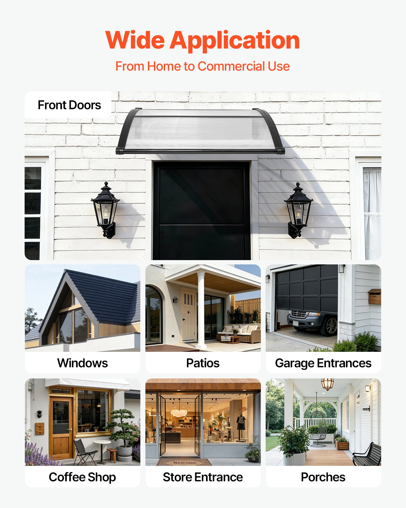 VEVOR Awnings for Door Entrance, 38 x 40 in, Exterior Front Door Window Awnings with Drainage & ABS Bracket, Rain Snow Sun Protection, Overhang Polycarbonate Door Canopy for Porch Patio, Clear