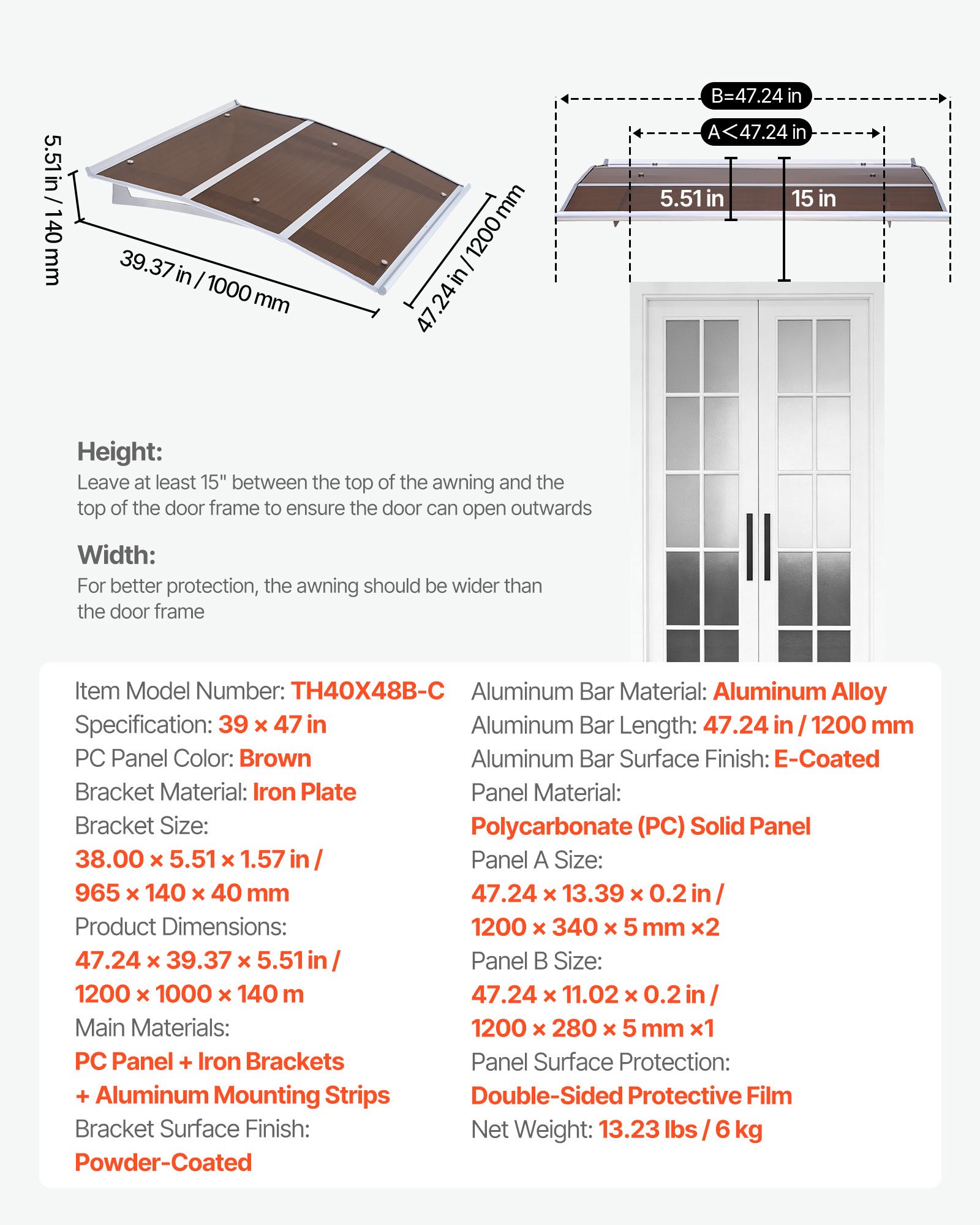 VEVOR Awnings for Door Entrance, 37 x 47 in, Exterior Front Door Window Awnings with Drainage & ABS Bracket, Rain Snow Sun Protection, Overhang Polycarbonate Door Canopy for Porch Patio, Brown