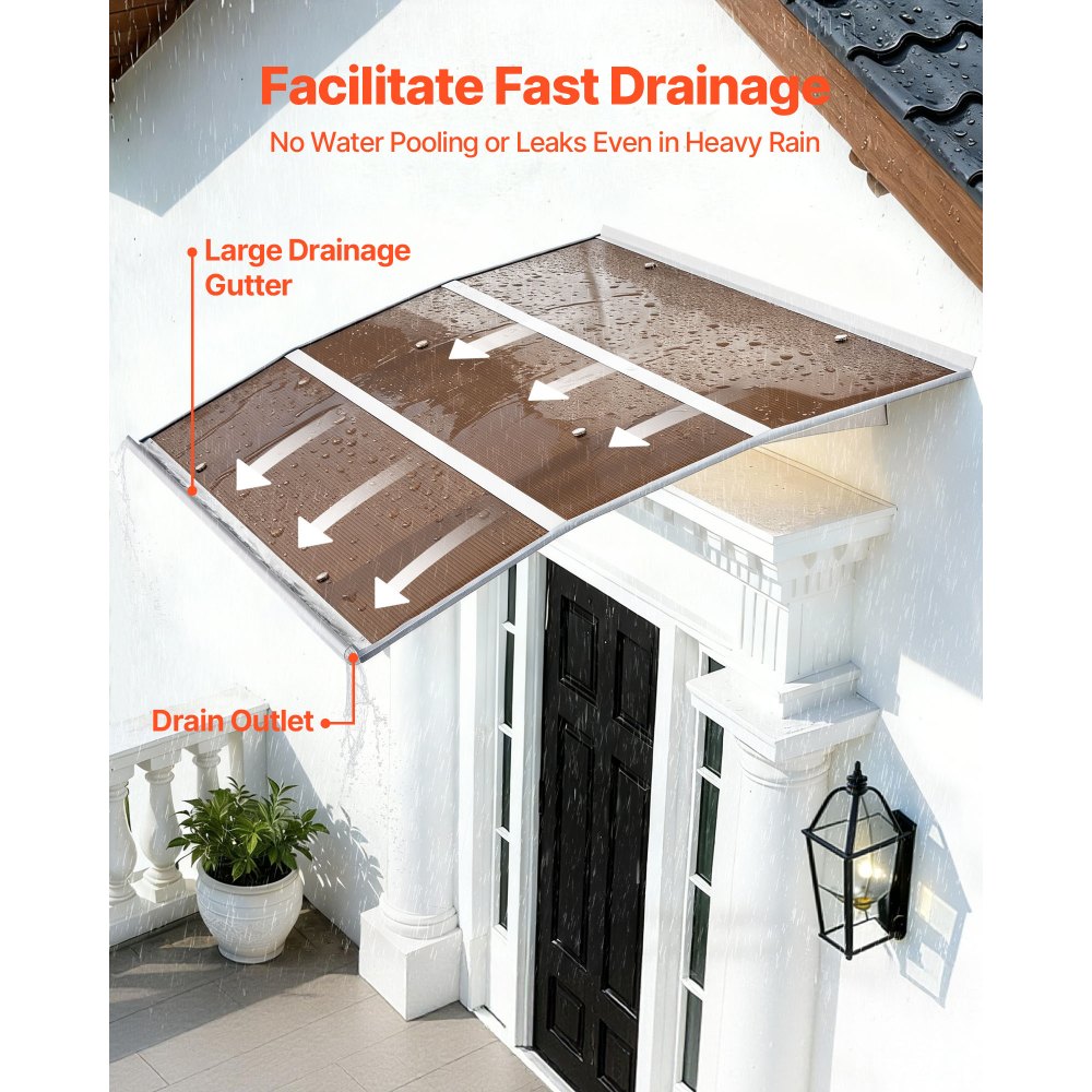 VEVOR Vordach für Haustür 150x100 cm, Pultbogenvordach, Pultvordach mit Entwässerung & Metallhalterung, Regen-, Schnee- & Sonnenschutz, Polycarbonat-Türüberdachung für Veranda & Terrasse, Braun