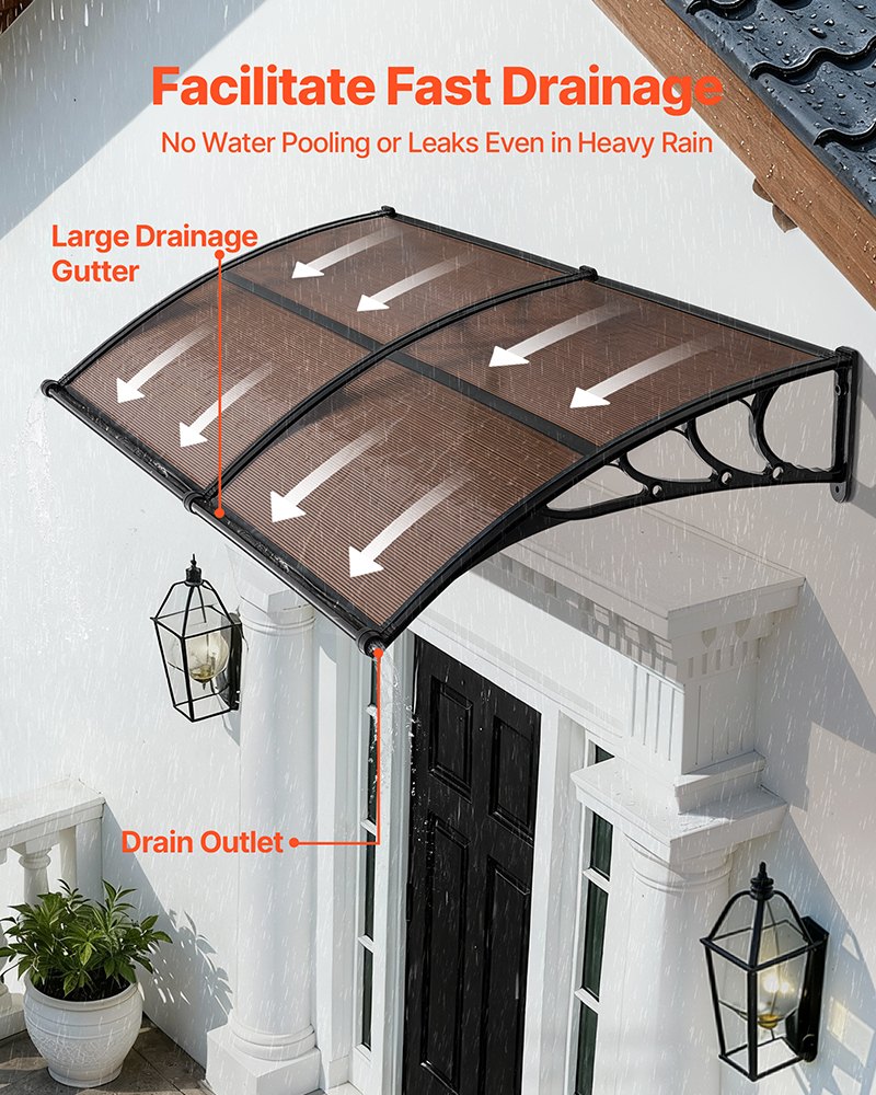 VEVOR Vordach für Haustür 965x1987 mm, Pultbogenvordach, Pultvordach mit Entwässerung & ABS-Halterung, Regen-, Schnee- & Sonnenschutz, Polycarbonat-Türüberdachung für Veranda & Terrasse, Braun