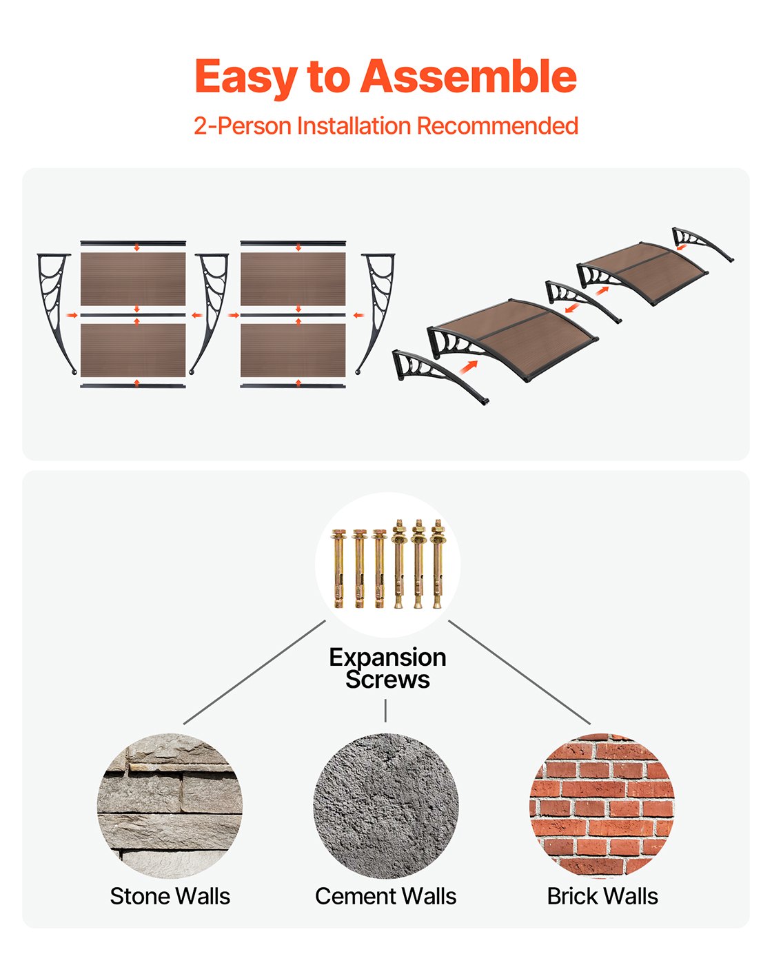 VEVOR Vordach für Haustür 965x1987 mm, Pultbogenvordach, Pultvordach mit Entwässerung & ABS-Halterung, Regen-, Schnee- & Sonnenschutz, Polycarbonat-Türüberdachung für Veranda & Terrasse, Braun