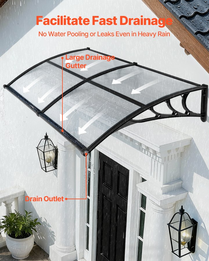 VEVOR Vordach für Haustür 965x1987 mm, Pultbogenvordach, Pultvordach mit Entwässerung & ABS-Halterung, Regen-, Schnee- & Sonnenschutz, Polycarbonat-Türüberdachung für Veranda & Terrasse, Transparent