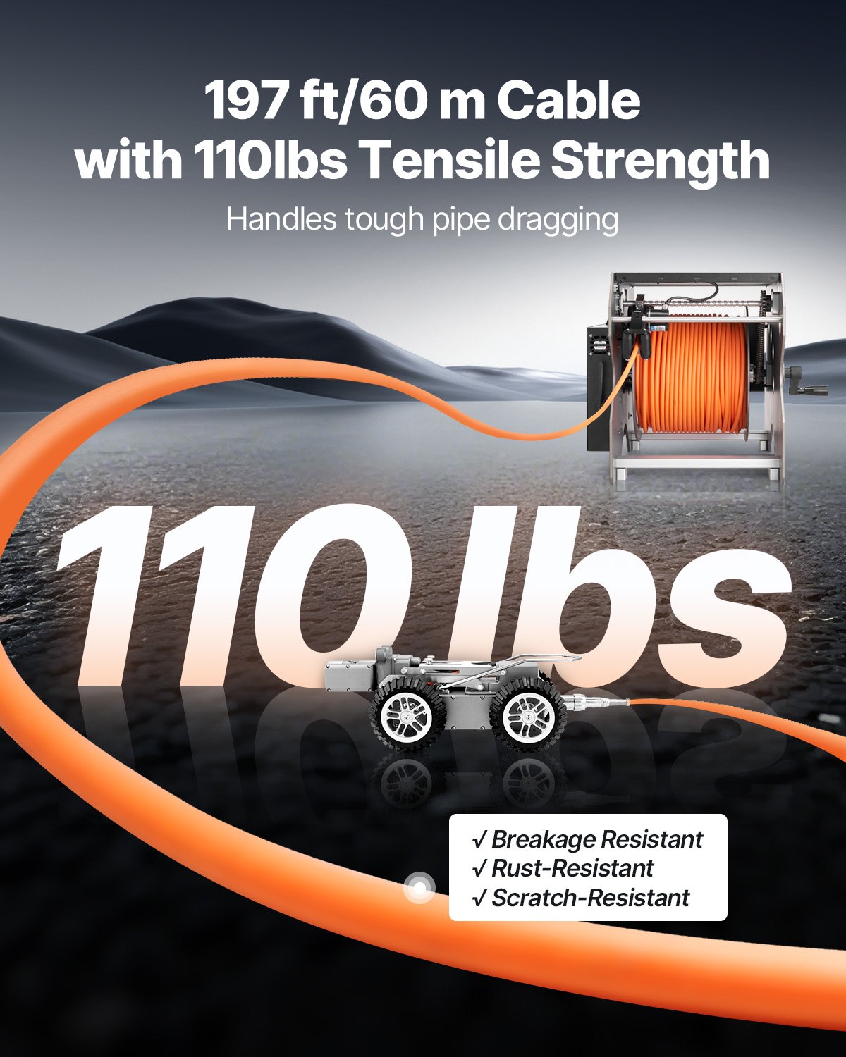 VEVOR Inspektionsroboter, 60 m lange Rohrleitungserkennungs-Kriechroboter mit 2 MP Front-/Rückkamera & Touchscreen-Tablet, IP68-Rohrkamera mit Beleuchtung & Entfernungszähler für Industrierohre