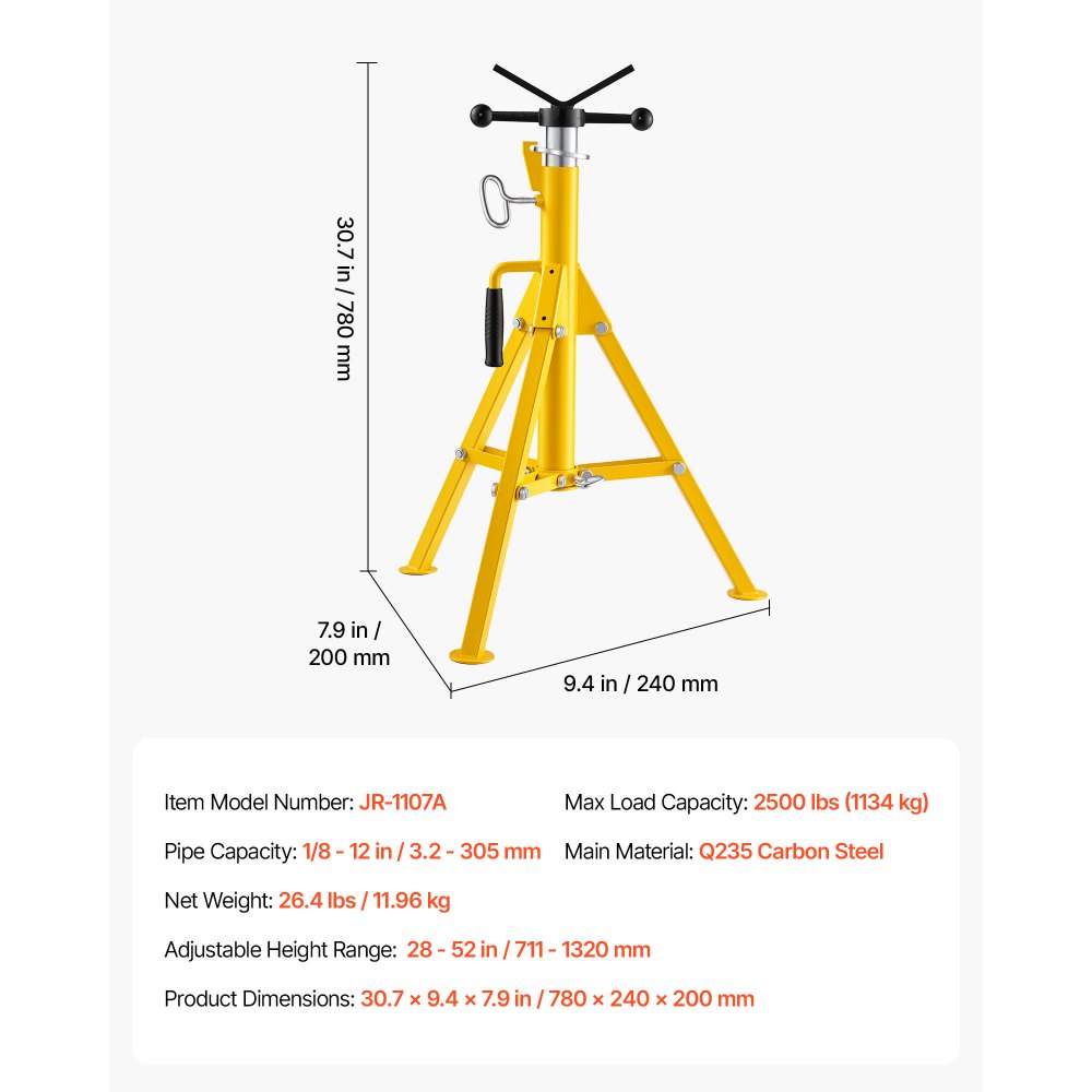 VEVOR V-Kopf-Rohrständer 1134kg Belastbare Rohrstütze für 3,2-305mm Rohre, Rohrbock für Schweißen Schneiden & Lochen, Kohlenstoffstahl, Faltbar & Tragbar, 71-132cm Verstellbare Höhe, Sicherer Stand