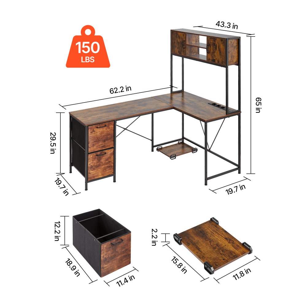 VEVOR L-Shaped Gaming Desk with LED Lights, 1.58m Reversible Corner Computer Desk with Power Outlets, Movable CPU Stand & Storage Drawers, Modern Stylish PC Gaming Table for Home Office