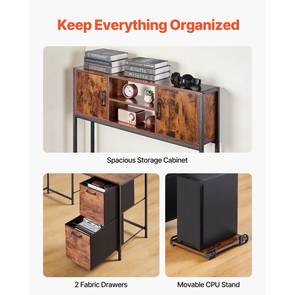 VEVOR L-Shaped Gaming Desk with LED Lights, 1.58m Reversible Corner Computer Desk with Power Outlets, Movable CPU Stand & Storage Drawers, Modern Stylish PC Gaming Table for Home Office