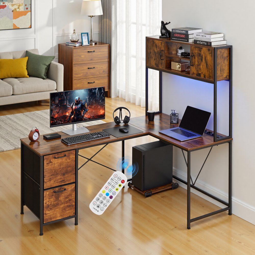 VEVOR L-Shaped Gaming Desk with LED Lights, 1.58m Reversible Corner Computer Desk with Power Outlets, Movable CPU Stand & Storage Drawers, Modern Stylish PC Gaming Table for Home Office