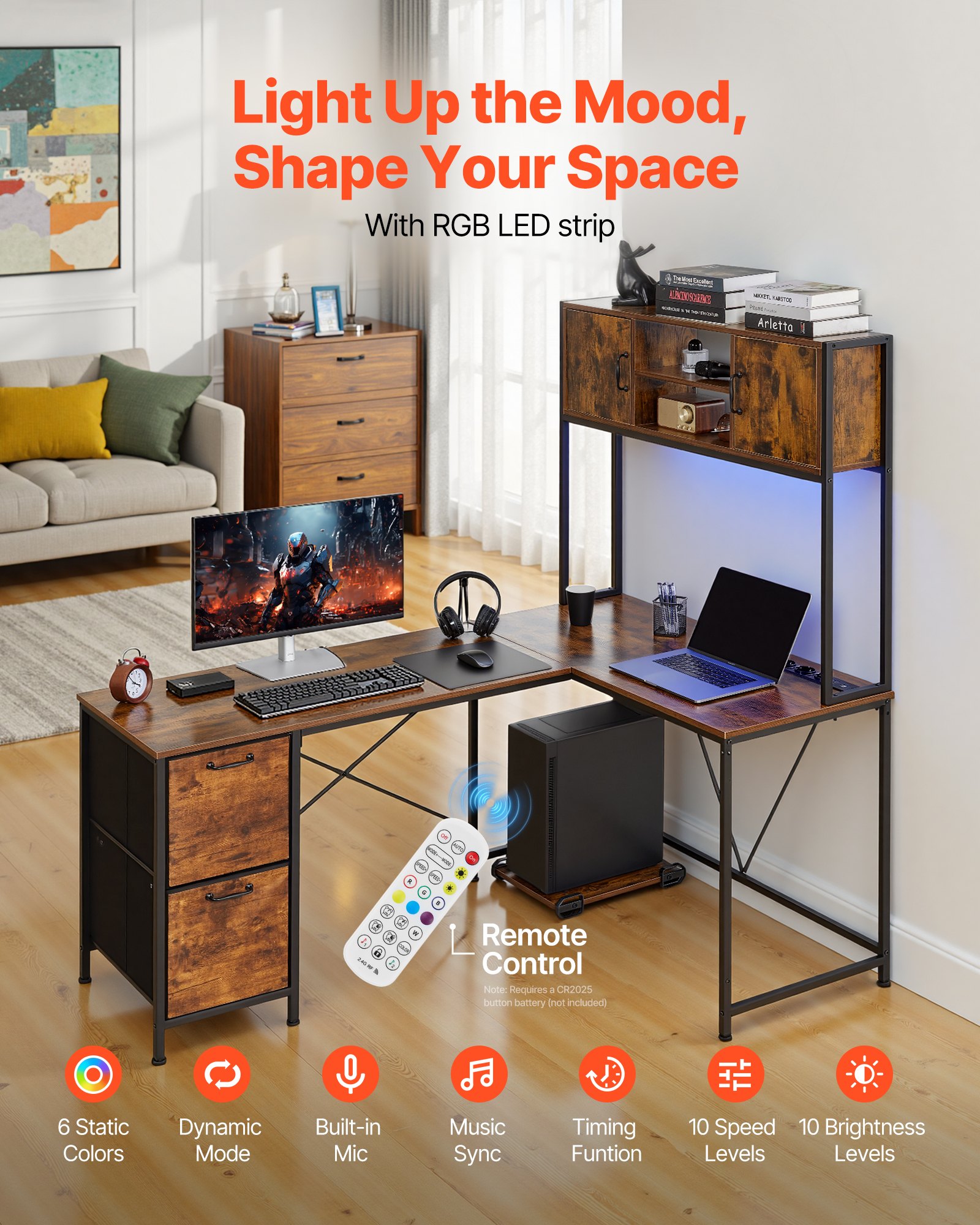 VEVOR L-Shaped Gaming Desk with LED Lights, 1.58m Reversible Corner Computer Desk with Power Outlets, Movable CPU Stand & Storage Drawers, Modern Stylish PC Gaming Table for Home Office