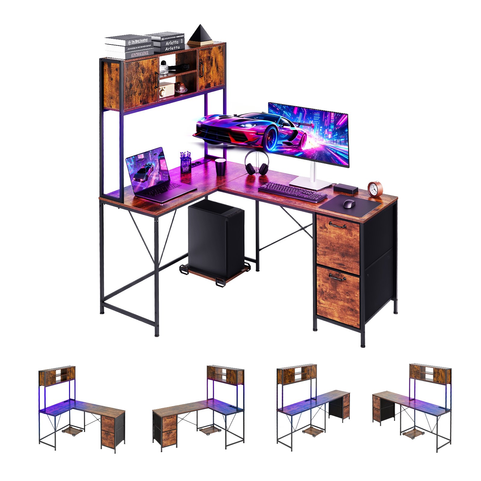 VEVOR L-Shaped Gaming Desk with LED Lights, 1.58m Reversible Corner Computer Desk with Power Outlets, Movable CPU Stand & Storage Drawers, Modern Stylish PC Gaming Table for Home Office