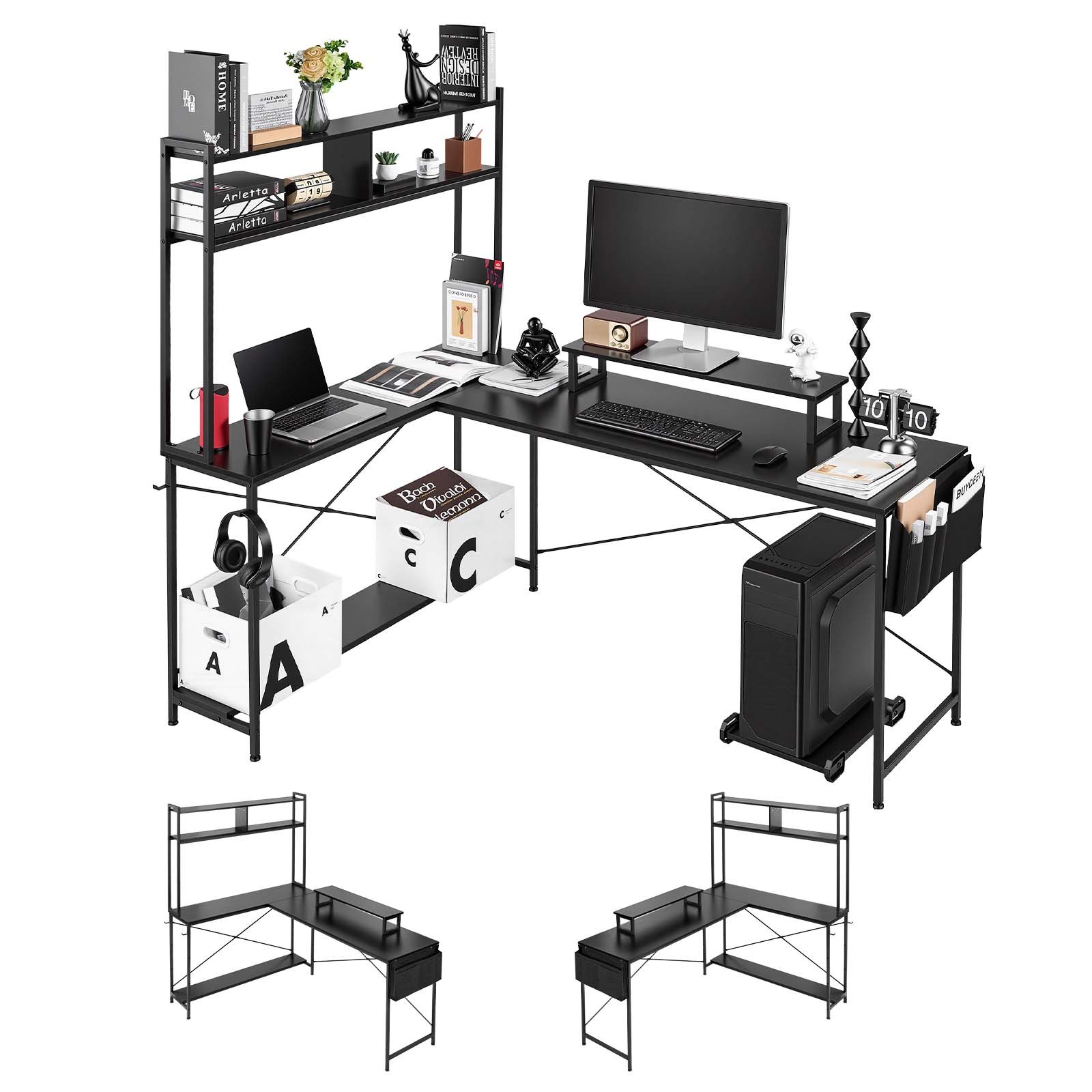 VEVOR Gaming Tisch L-Form 1,7 m, Gamertisch mit Monitorständer & Verschiebbarem CPU-Ständer, Ecktisch 68 kg Tragfähigkeit, Eckschreibtisch Computertisch, Arbeitsstation für Homeoffice