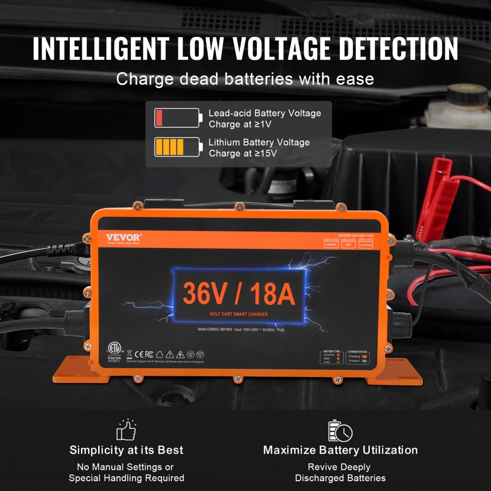 VEVOR 36-Volt-Golfwagen-Batterieladegerät, 18 Ampere, intelligentes Club-Car-Ladegerät mit Crowfoot-Stecker, kompatibel mit Blei-Säure-AGM/GEL/EFB MF NMC LiFePO4-Batterien für Club Car EZGO Yamaha