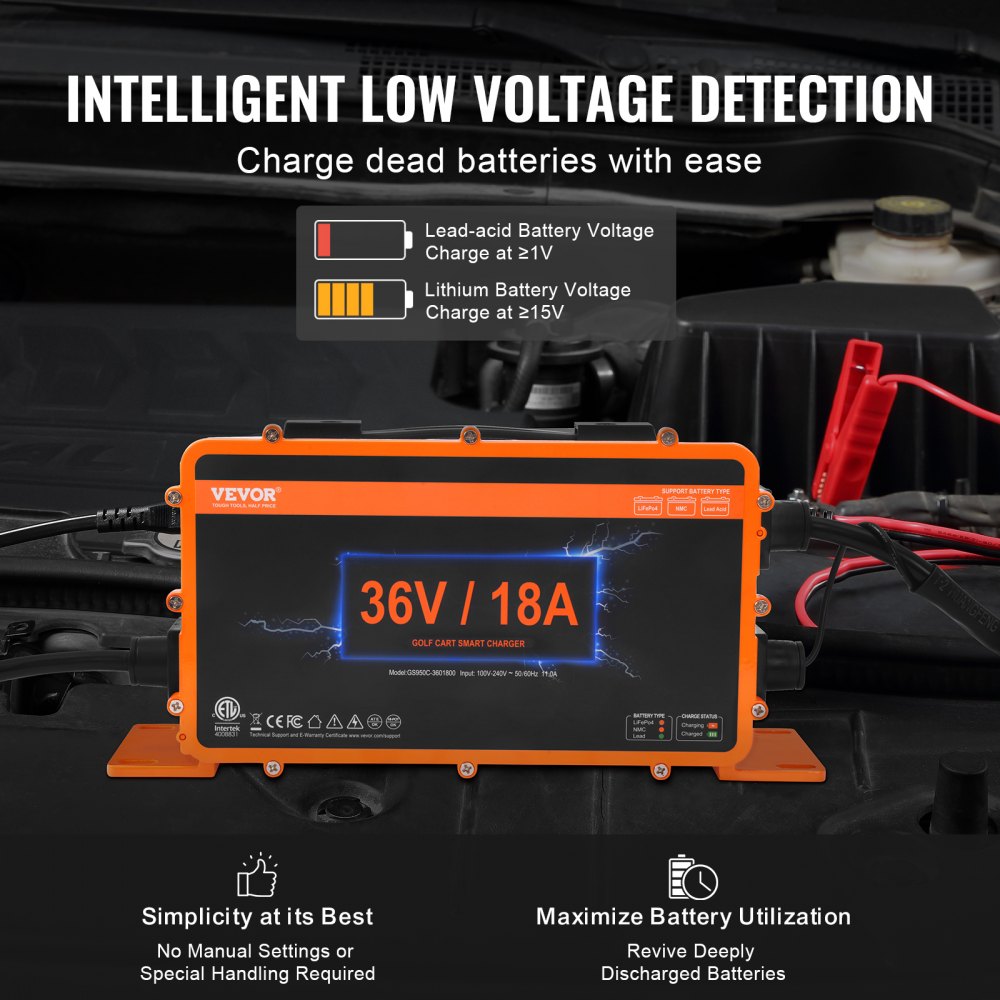 VEVOR 36-Volt-Golfwagen-Batterieladegerät, 18 Ampere, intelligentes Batterieladegerät mit D-Style-Stecker, kompatibel mit Blei-Säure-AGM/GEL/EFB MF NMC LiFePO4-Batterien für EZGO TXT, IP67