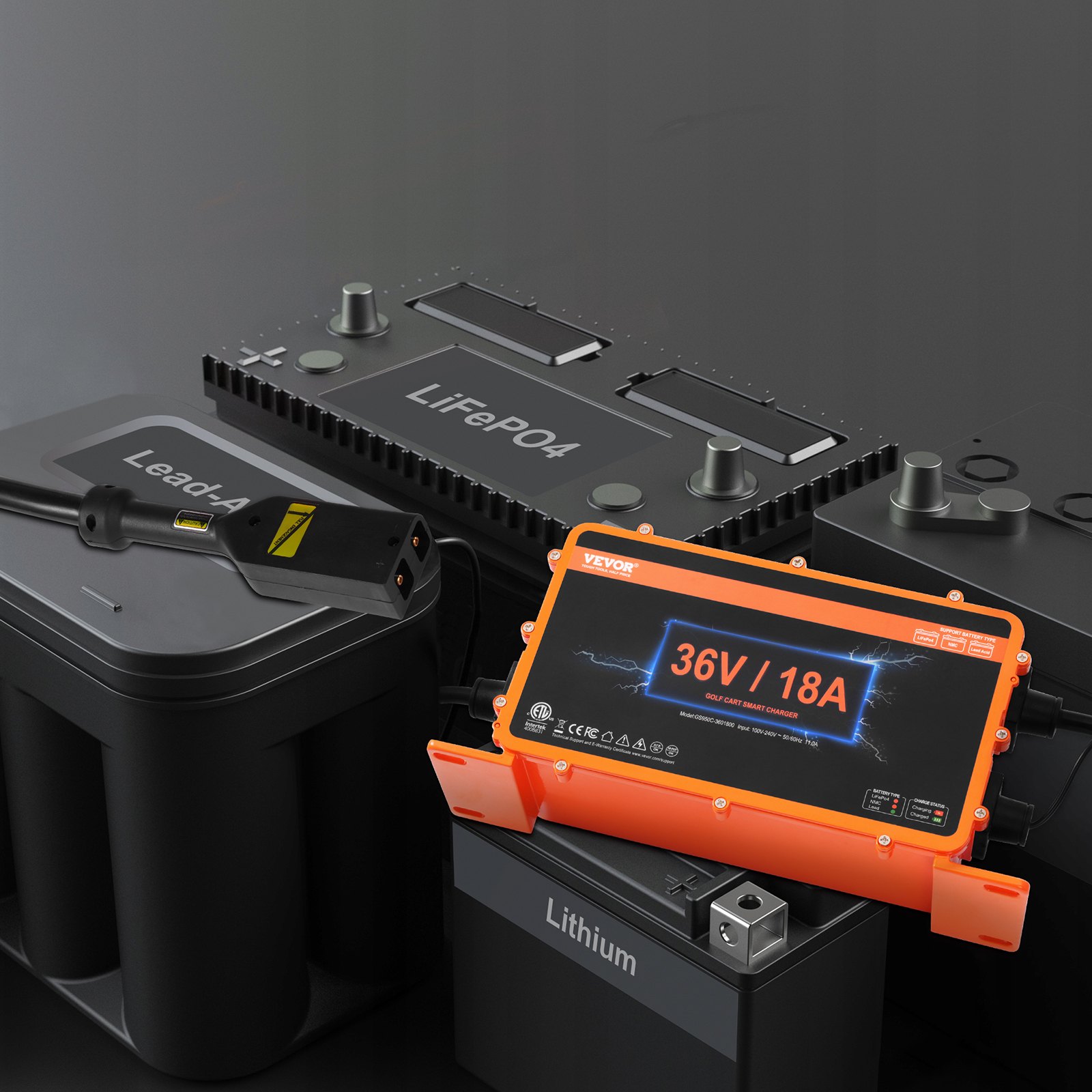 VEVOR 36-Volt-Golfwagen-Batterieladegerät, 18 Ampere, intelligentes Batterieladegerät mit D-Style-Stecker, kompatibel mit Blei-Säure-AGM/GEL/EFB MF NMC LiFePO4-Batterien für EZGO TXT, IP67