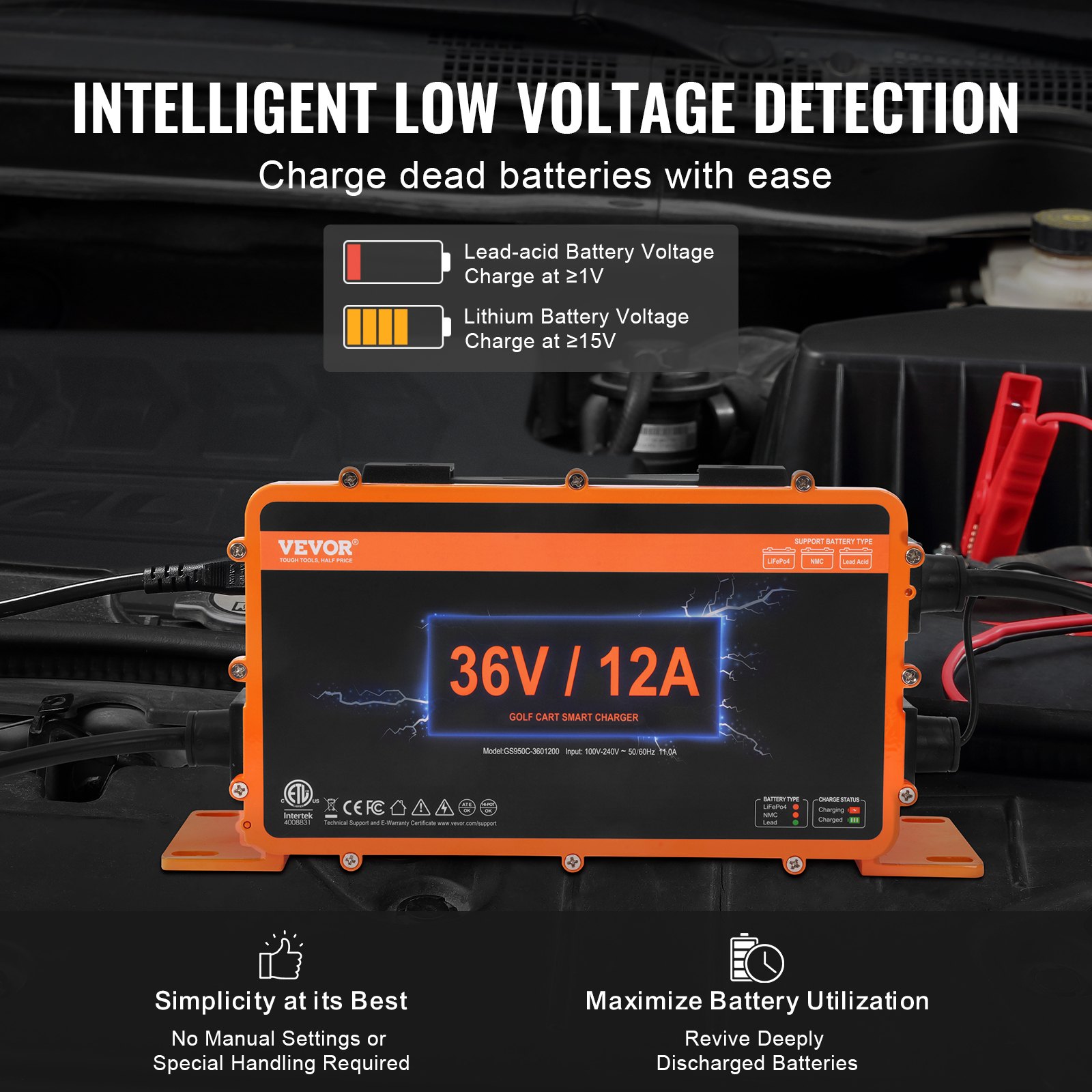 VEVOR 36-Volt-Golfwagen-Batterieladegerät, 12 Ampere, intelligentes Batterieladegerät mit D-Style-Stecker, kompatibel mit Blei-Säure-AGM/GEL/EFB MF NMC LiFePO4-Batterien für EZGO TXT, IP67