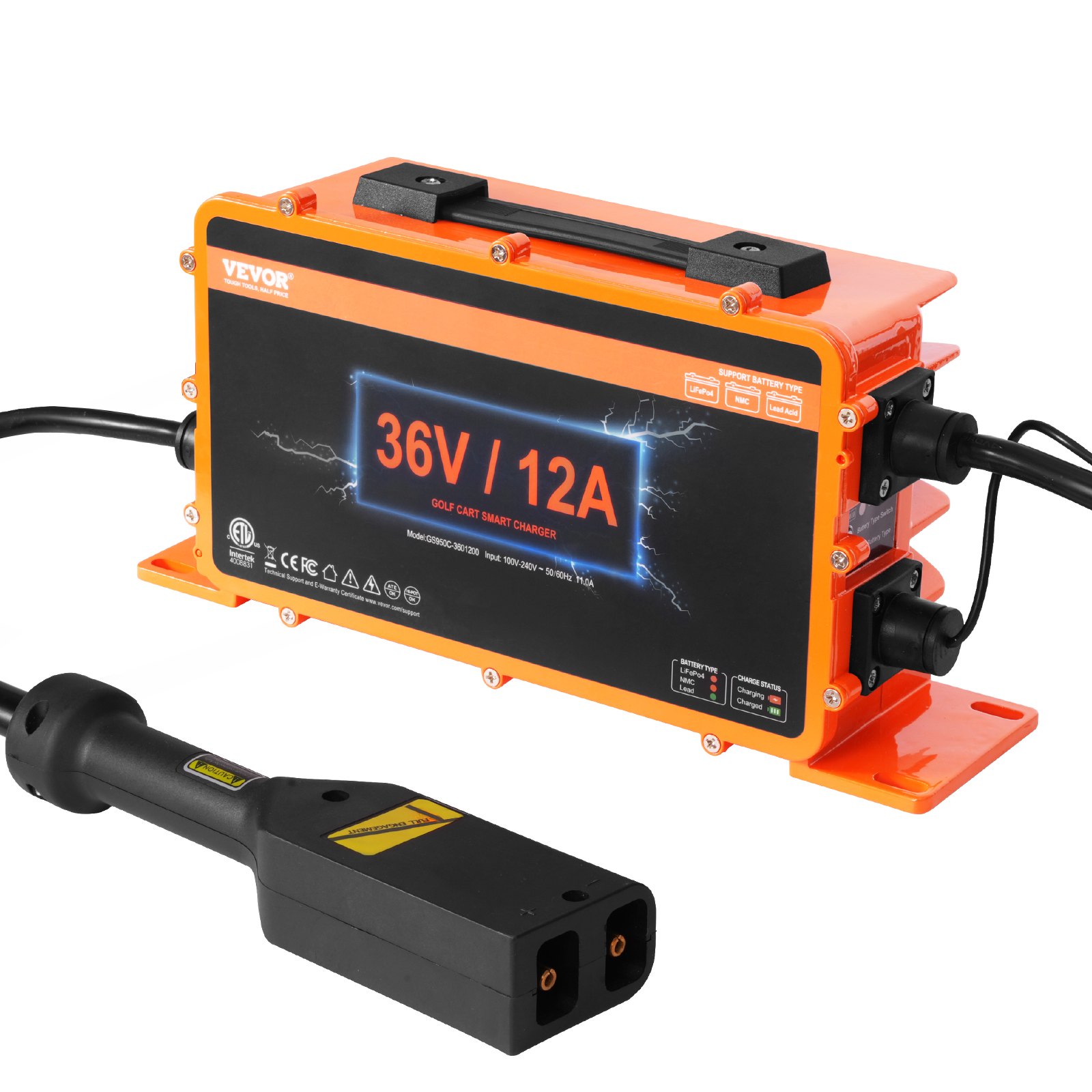 VEVOR 36-volt golf cart battery charger, 12 amps, intelligent battery charger with D-style connector, compatible with lead-acid AGM/GEL/EFB MF NMC LiFePO4 batteries for EZGO TXT, IP67