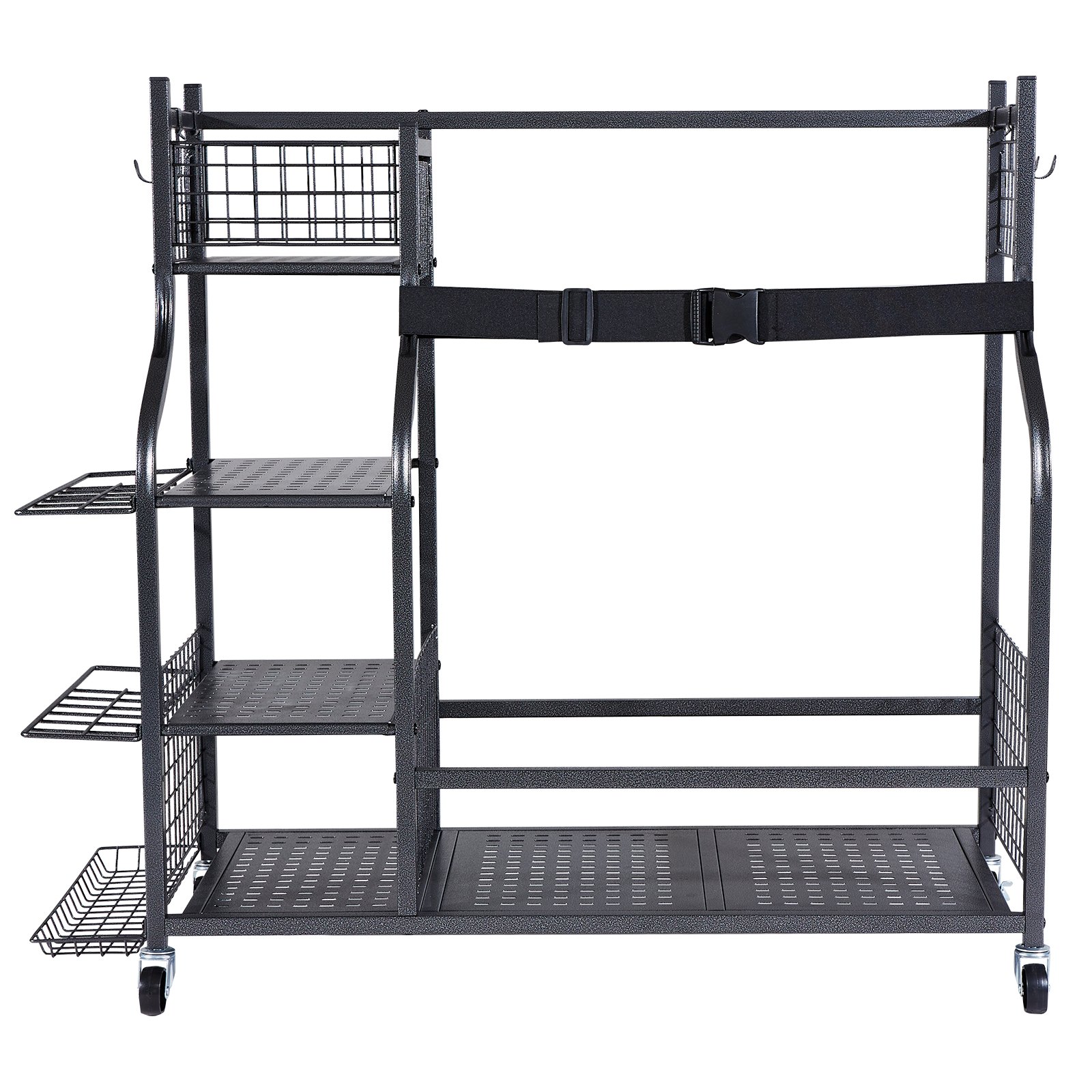 VEVOR Golf Bag Storage, Fits 2 Golf Bags, Garage Organizer with 1 Wire Basket & 3 Side Shelves, Black Golf Bag Stand for Golf Clubs, Golf Balls, Golf Equipment Accessories, etc.