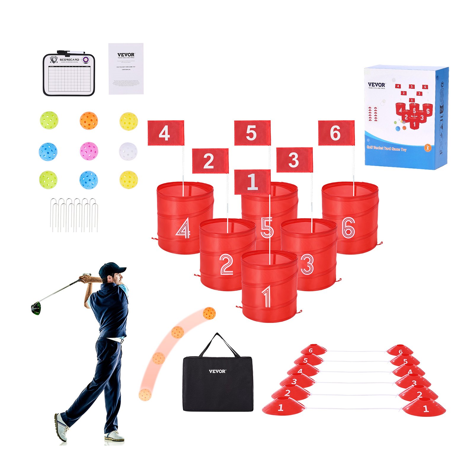 VEVOR Golfspiel Set, 6-Loch-Golfplatz, Übungsspiele für Golf im Eimer, Golf-Chipping-Spiel für den Außenbereich, tragbares Outdoor-Golfspiel, Ideal für Rasen, Hof, Camping, Park, Strand