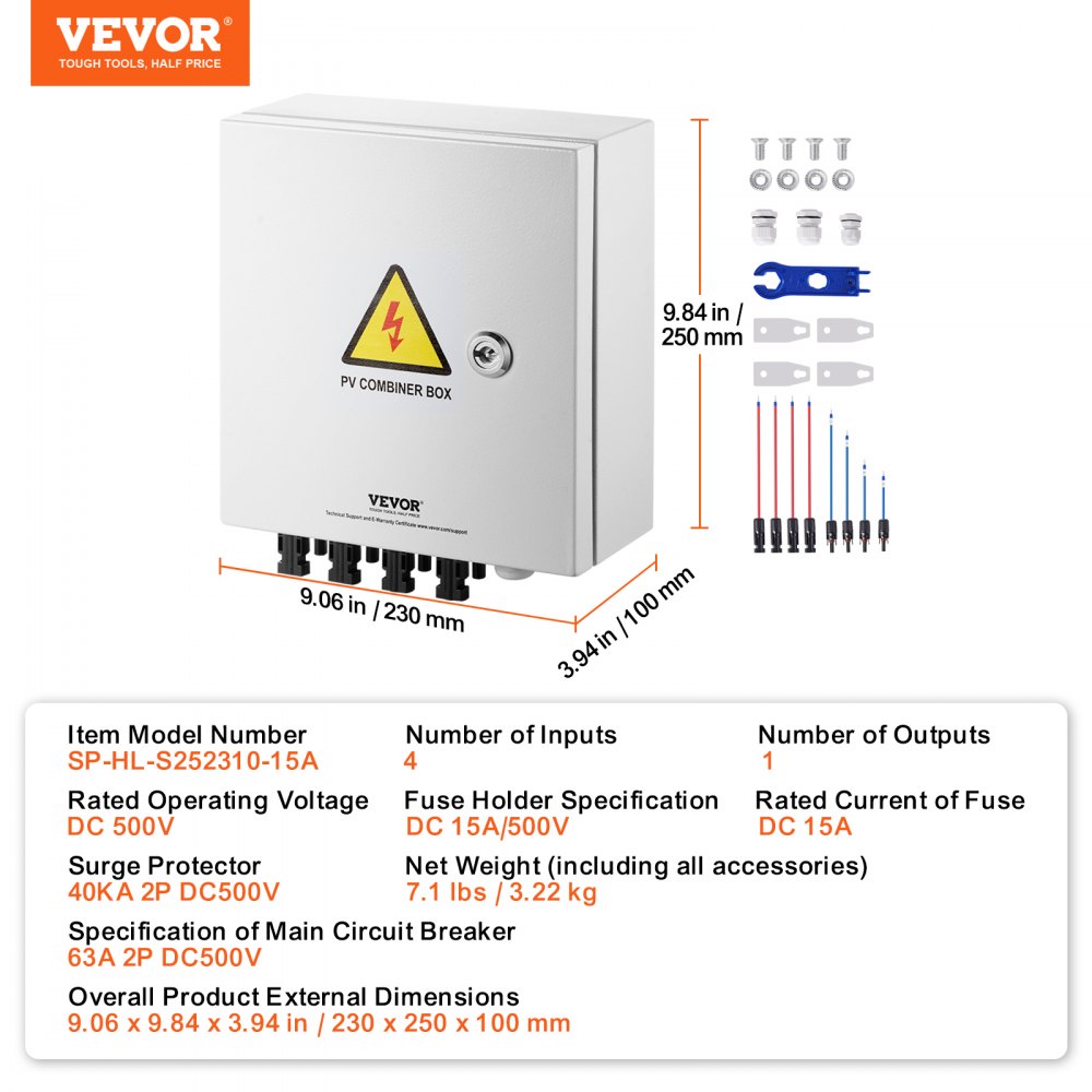 VEVOR PV-Combiner-Box, 4-String, Solar-Combiner-Box mit 15 A Nennstromsicherung, 63 A Leistungsschalter, Blitzableiter und Solaranschluss, Stahlgehäuse für On-/Off-Grid-Solarpanelsystem, IP65