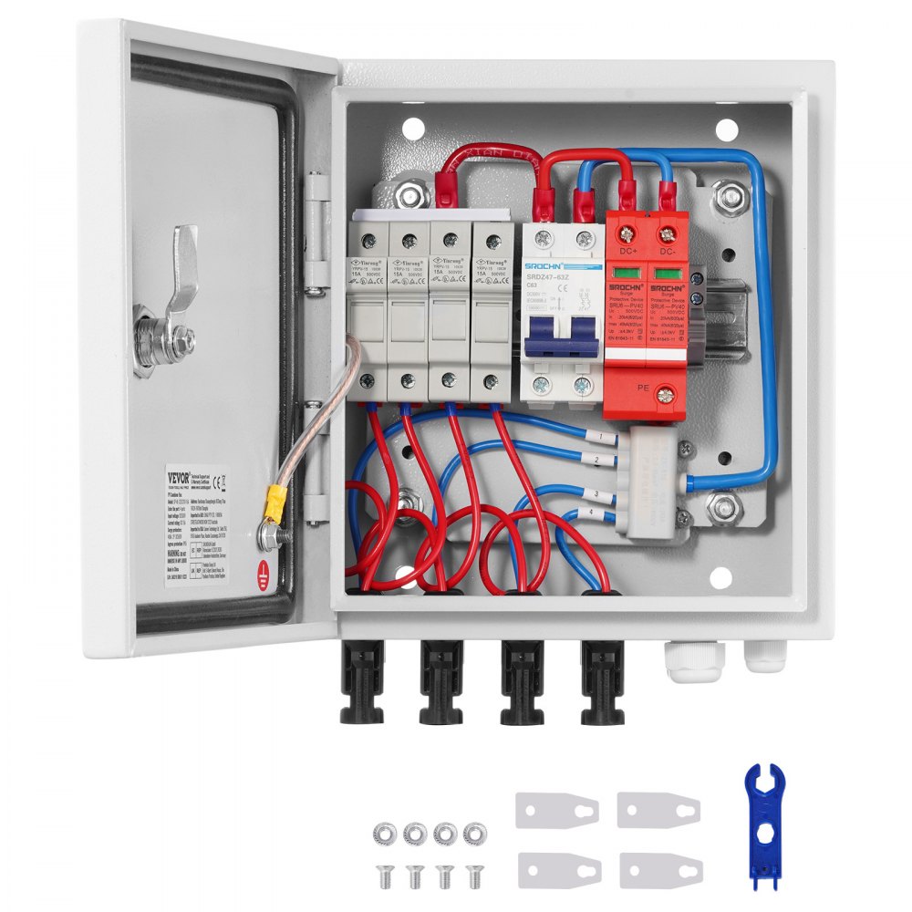 Öffnen Sie die VEVOR Solar-PV-Combinerbox mit Anzeige der internen Verkabelung, der Leistungsschalter und der mitgelieferten Hardware.