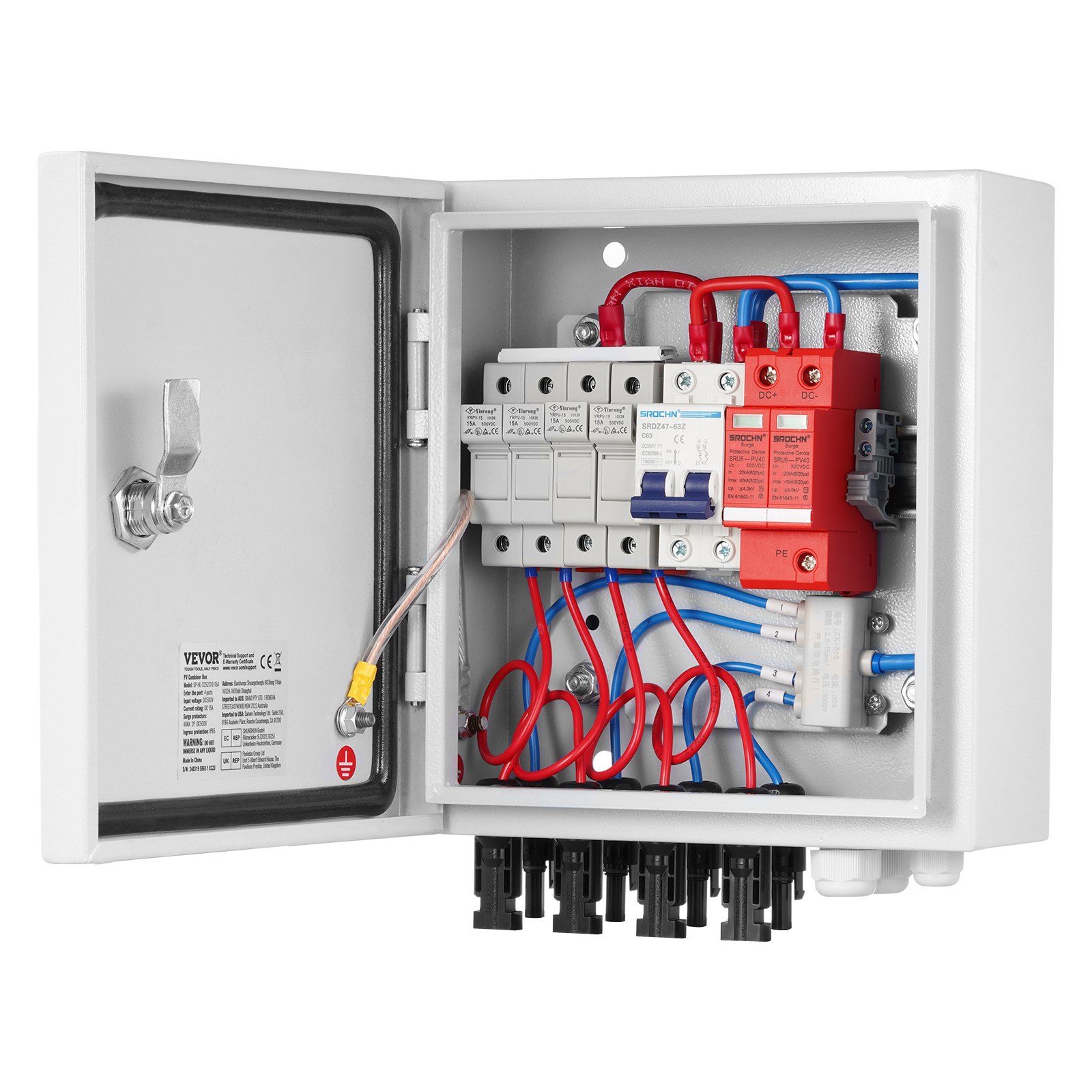 VEVOR PV-Combiner-Box, 4-String, Solar-Combiner-Box mit 15 A Nennstromsicherung, 63 A Leistungsschalter, Blitzableiter und Solaranschluss, Stahlgehäuse für On-/Off-Grid-Solarpanelsystem, IP65