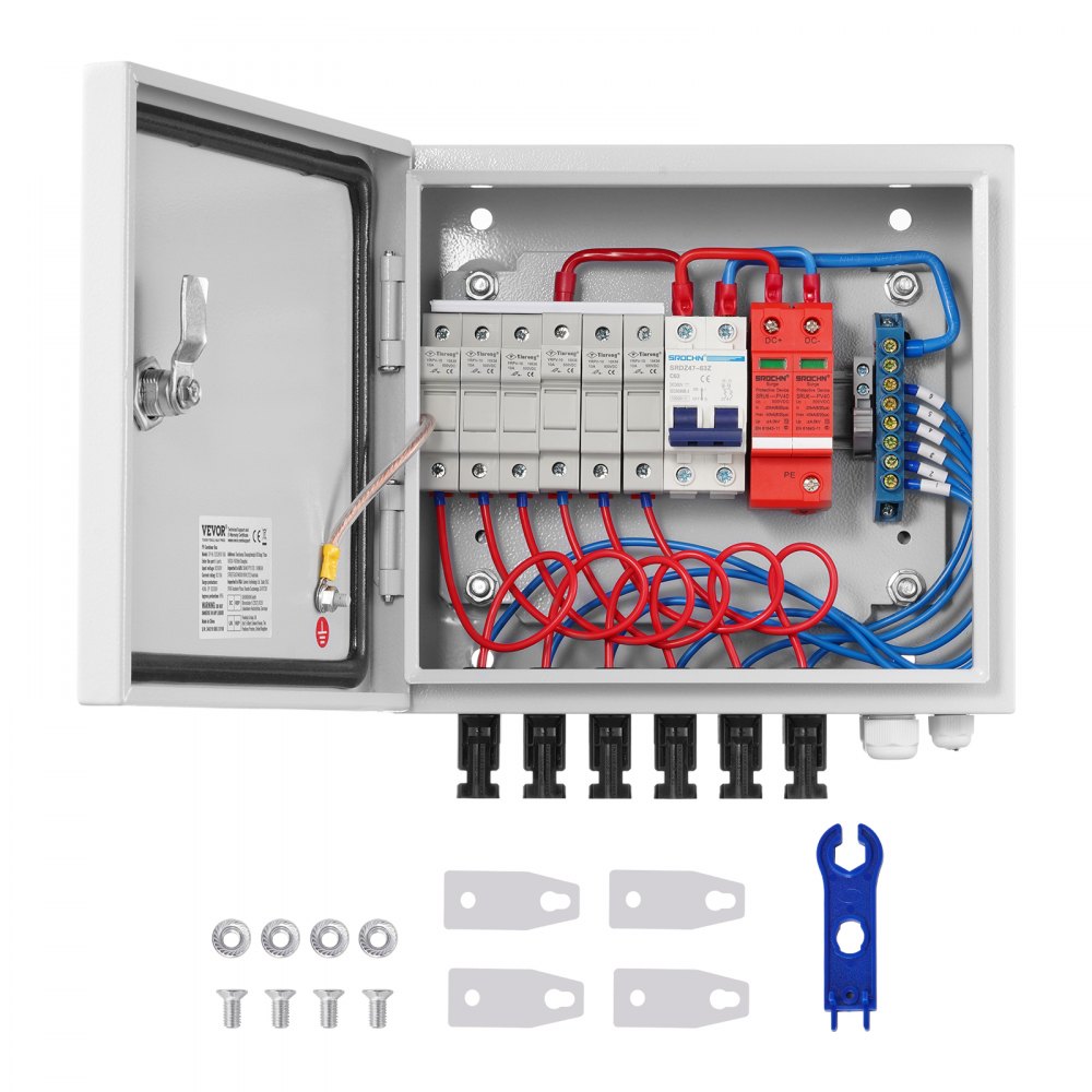 VEVOR-Solar-Combiner-Box mit Verkabelung, Leistungsschaltern und Zubehör auf weißem Hintergrund.