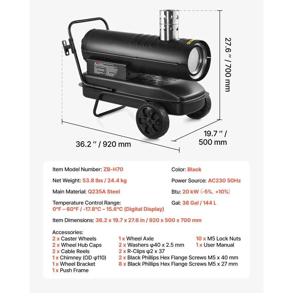 VEVOR 20 kW Heizkanone, Dieselheizer, Torpedo-Raumheizer mit Rädern und einstellbarer Temperatur, Dieselheizgebläse für Baustelle/Garage/Lager/Werkstattbau/Außenheizung, Schwarz