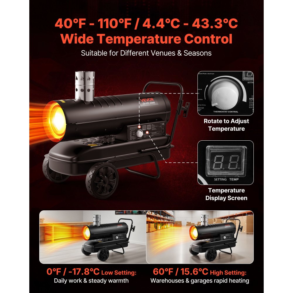 VEVOR 20kW Forced Air Kerosene Diesel Heater, Portable Torpedo Space Heater with Wheels & Adjustable Temp, Blower-Type for Jobsite/Garage/Warehouse/Workshop Construction /Outdoor Heating,Black