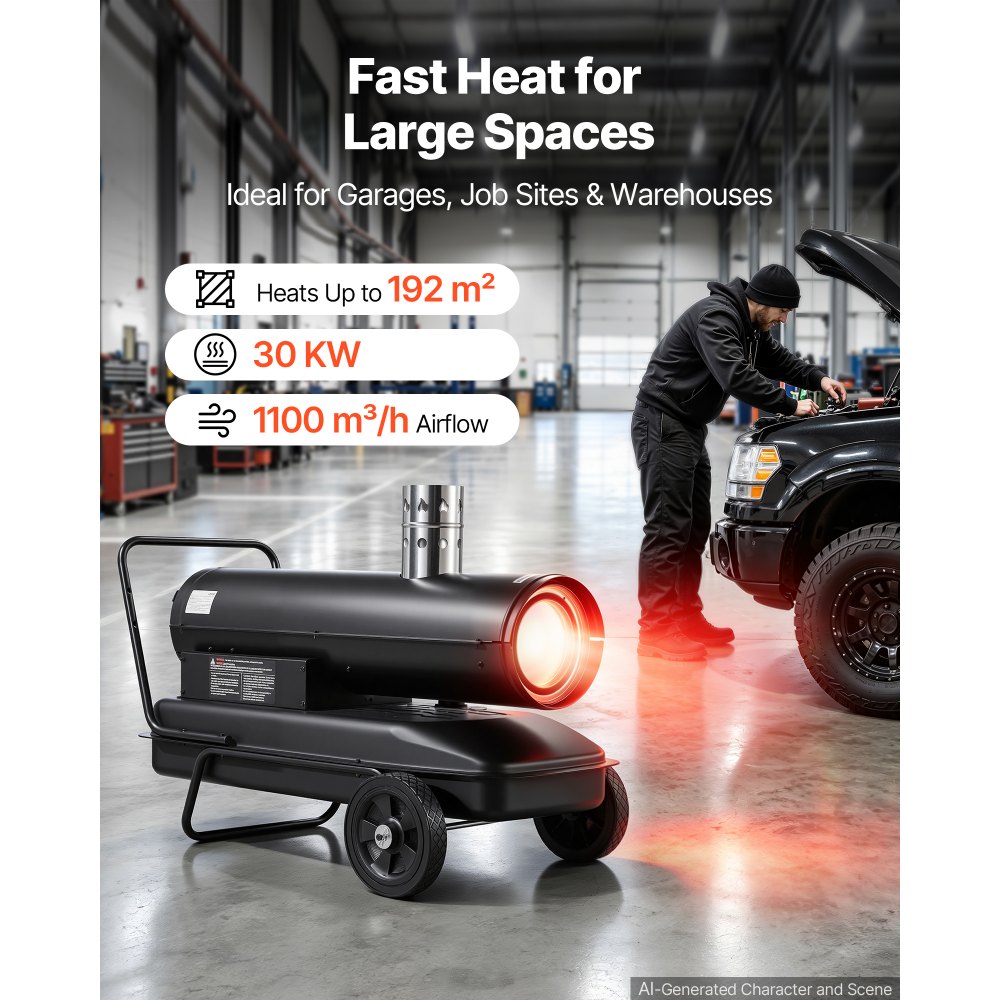 VEVOR Indirekte Heizkanone 30kW Dieselheizgebläse 50L Petroleum-Heizgerät, Heizgebläse für Werkstatt Garage Lager & Baustelle, Thermostatsteuerung, Dual-Fuel-Filterung, Max. 1100m³/h & 192m², Schwarz