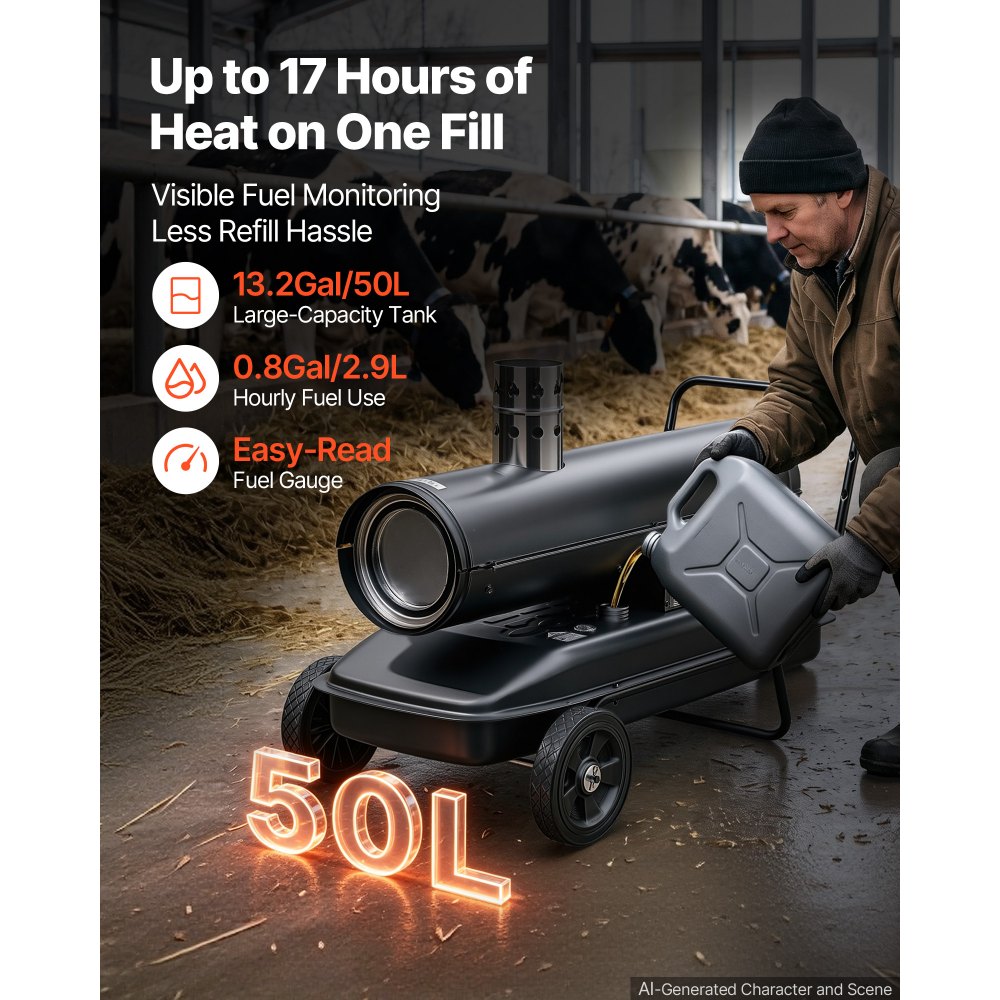 VEVOR Indirekte Heizkanone 30kW Dieselheizgebläse 50L Petroleum-Heizgerät, Heizgebläse für Werkstatt Garage Lager & Baustelle, Thermostatsteuerung, Dual-Fuel-Filterung, Max. 1100m³/h & 192m², Schwarz