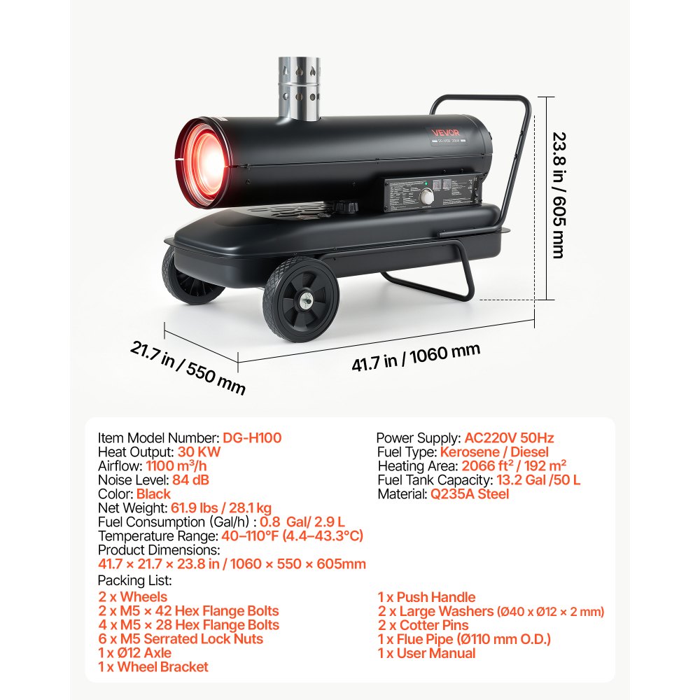 VEVOR Indirekte Heizkanone 30kW Dieselheizgebläse 50L Petroleum-Heizgerät, Heizgebläse für Werkstatt Garage Lager & Baustelle, Thermostatsteuerung, Dual-Fuel-Filterung, Max. 1100m³/h & 192m², Schwarz