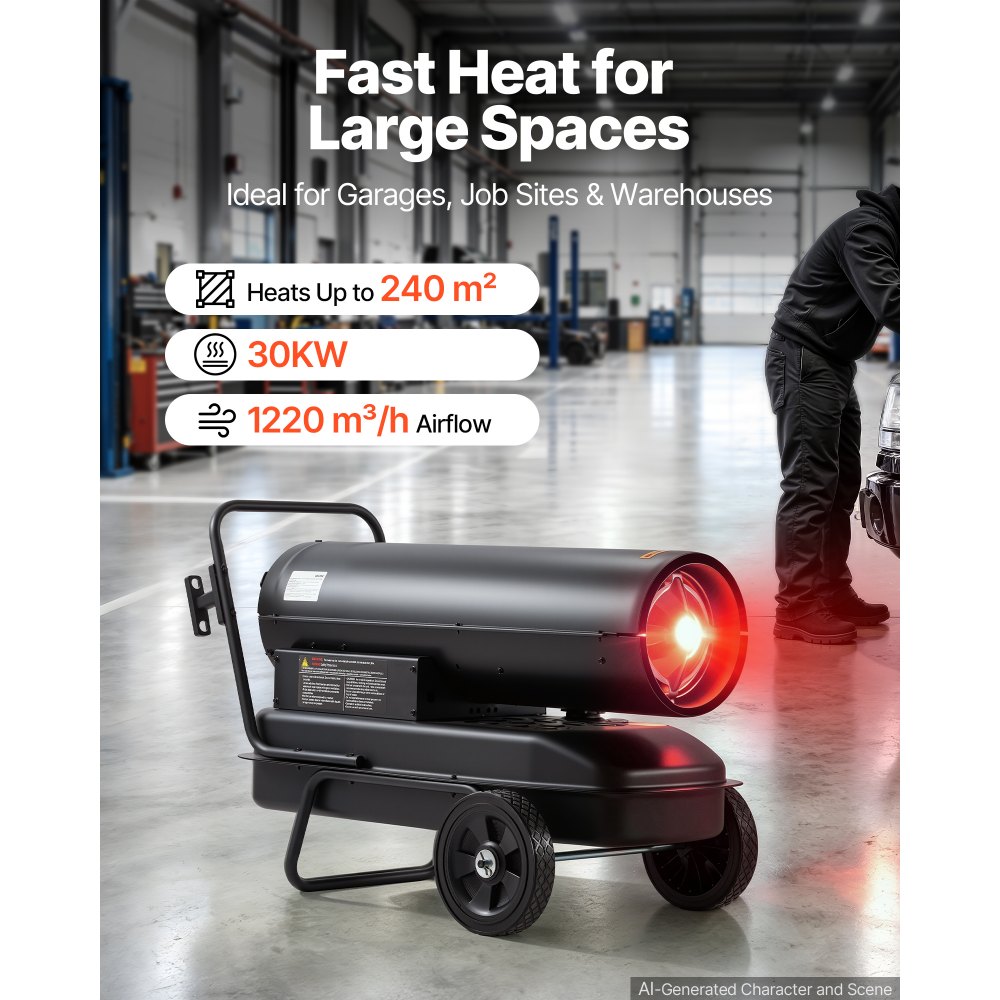 VEVOR Heizkanone 30kW Dieselheizgebläse 38L Petroleum-Heizgerät mit Rollen, Heizgebläse für Werkstatt Garage Lager & Baustelle, Thermostatsteuerung, Überhitzungsschutz, Max. 1220m³/h & 240m², Schwarz
