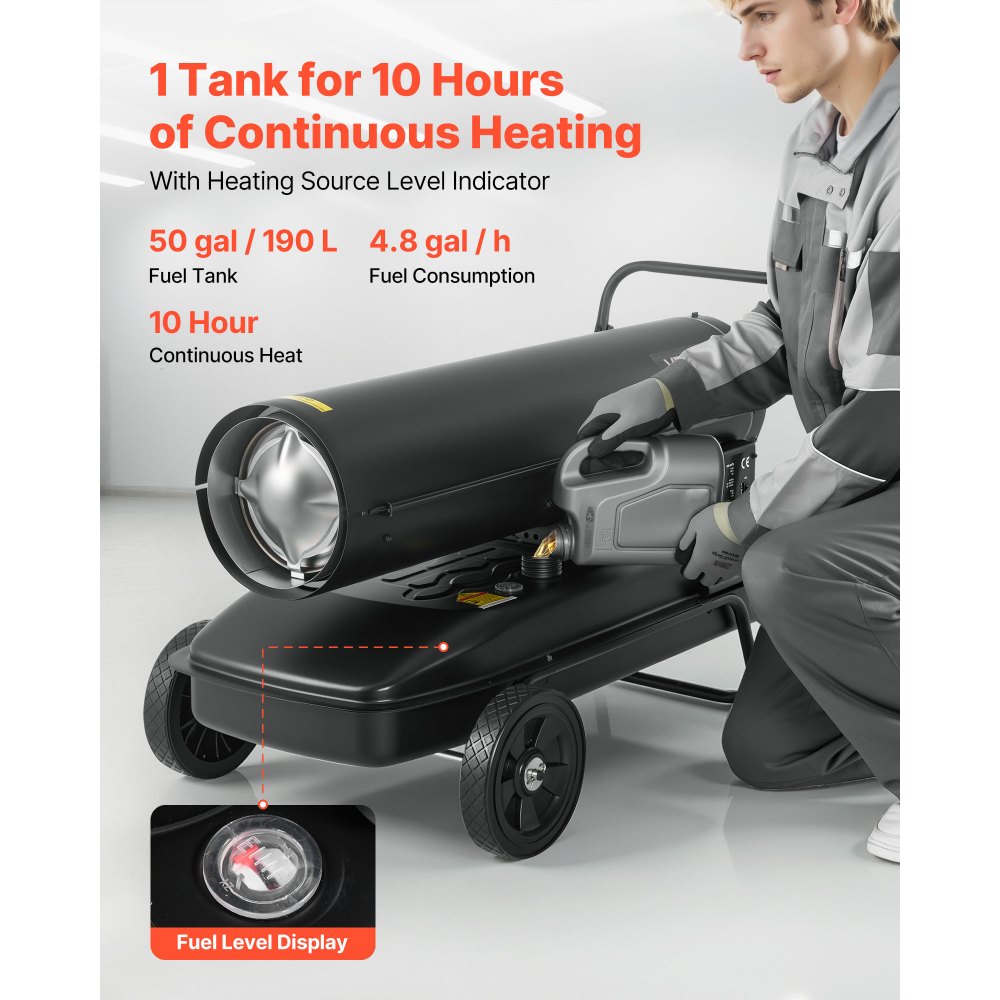 VEVOR 50 kW Heizkanone, Dieselheizer, Torpedo-Raumheizer mit Rädern und einstellbarer Temperatur, Dieselheizgebläse für Baustelle/Garage/Lager/Werkstattbau/Außenheizung, Schwarz