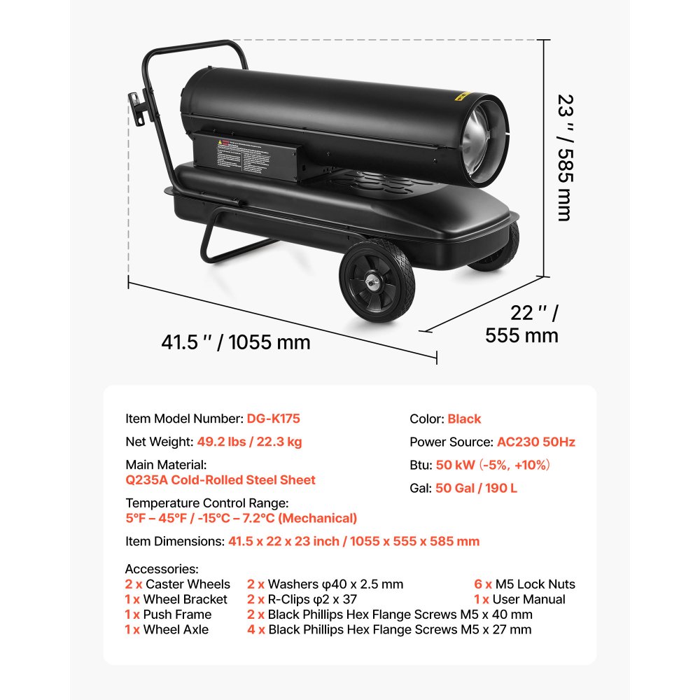 VEVOR 50 kW Heizkanone, Dieselheizer, Torpedo-Raumheizer mit Rädern und einstellbarer Temperatur, Dieselheizgebläse für Baustelle/Garage/Lager/Werkstattbau/Außenheizung, Schwarz