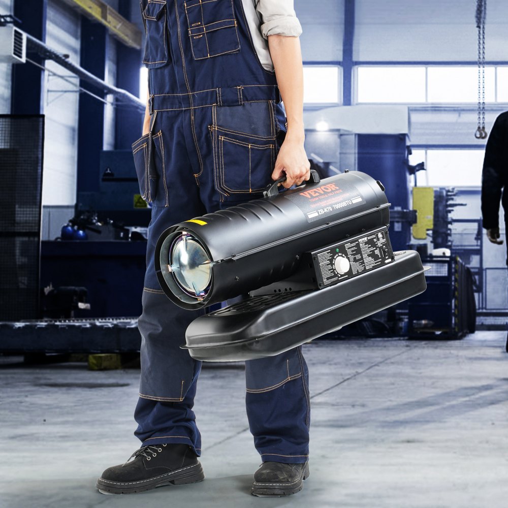 VEVOR Kerosin-/Diesel-Warmluftheizung, 70000 BTU Torpedo-Raumheizer, tragbar mit Thermostatregelung, 19-Liter-Tank, effizienter Kerosinheizer für den Innen- und Außenbereich für Zuhause, Baustelle, Industrie, Werkstätten, Schwarz