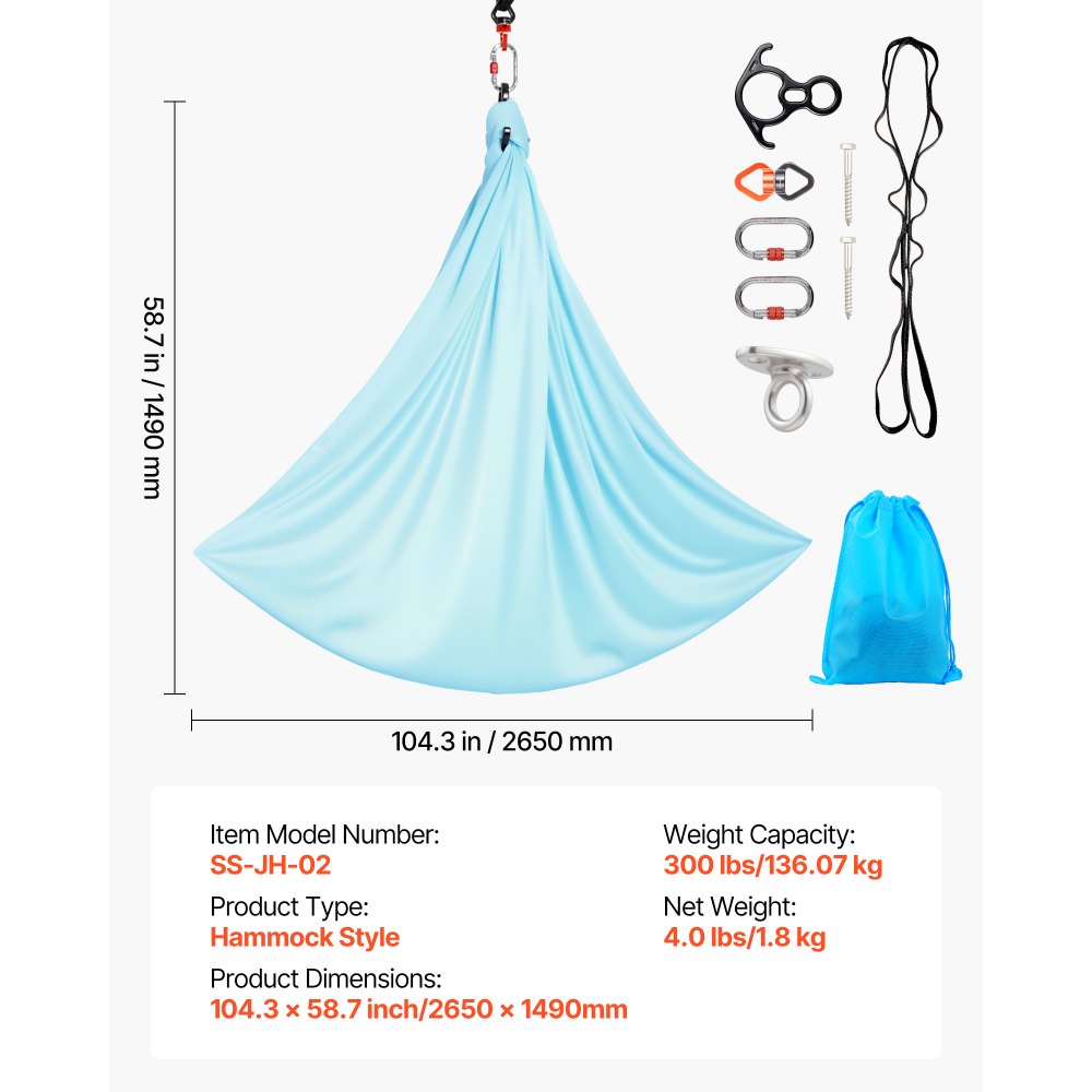 VEVOR Aerial Yoga Hammock, Maximum 136.07 kg Load Aerial Silk, Yoga Swing with Nylon Fabric, Daisy Rope, PE Zipper Bag, Gymnastics Swings Suitable for Men and Women, Dual-Function Hammock & Swing