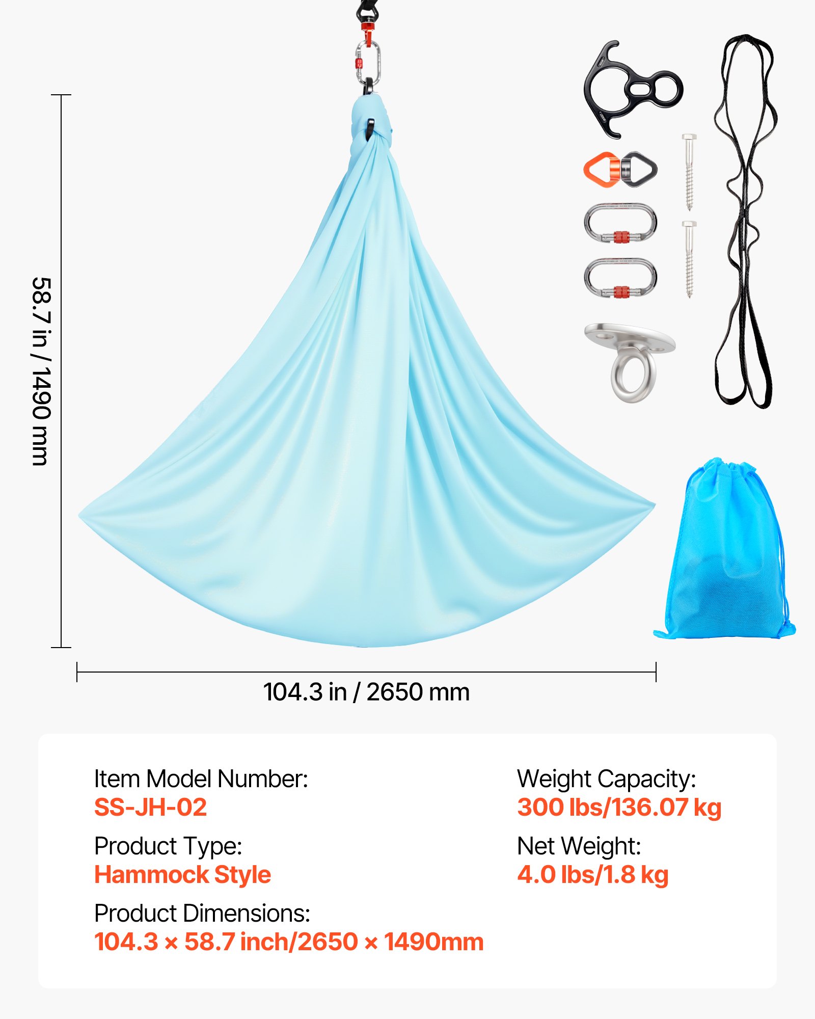 VEVOR Aerial Yoga Hammock, Maximum 136.07 kg Load Aerial Silk, Yoga Swing with Nylon Fabric, Daisy Rope, PE Zipper Bag, Gymnastics Swings Suitable for Men and Women, Dual-Function Hammock & Swing